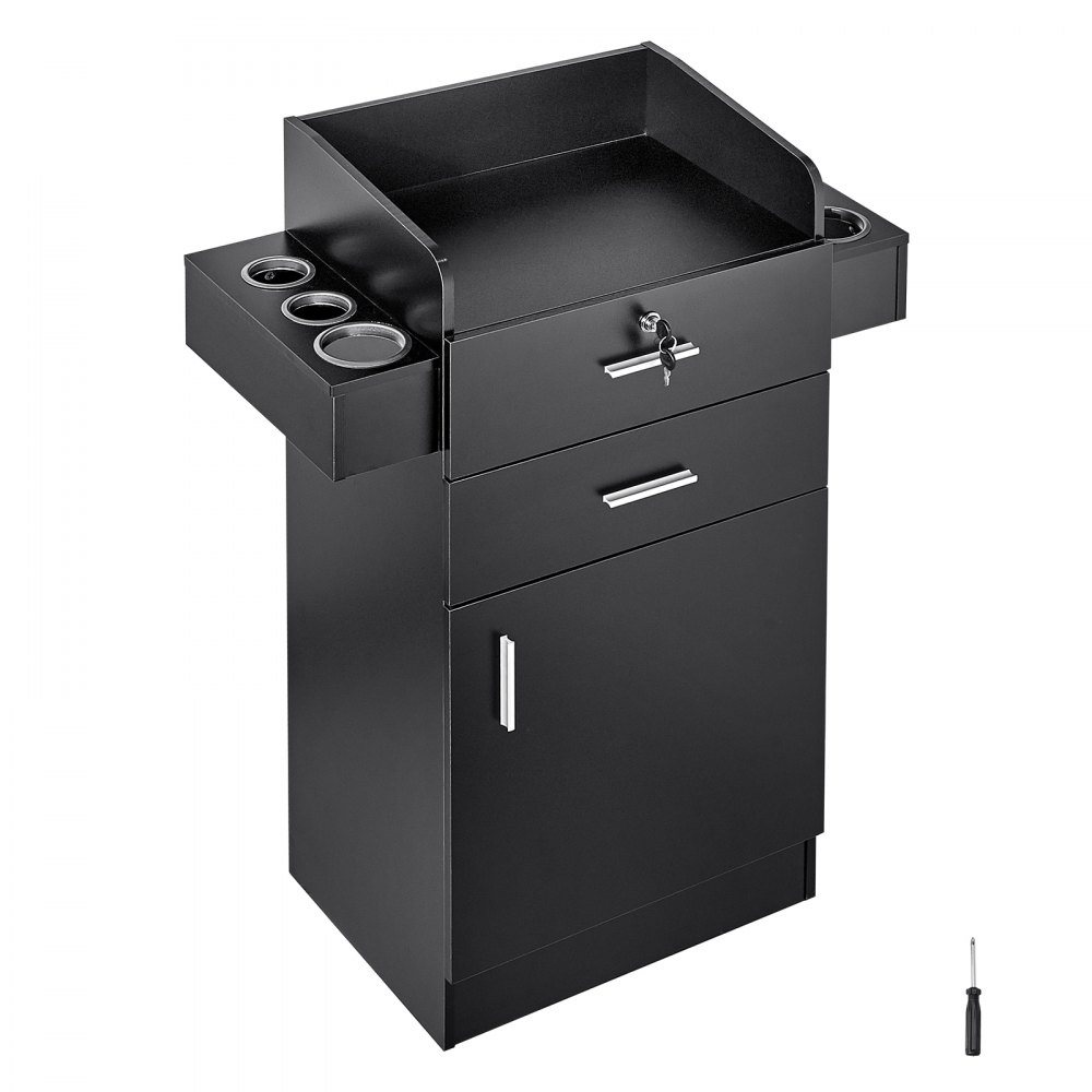 black VEVOR salon organizer with multiple storage compartments and locks, including side tool holders.