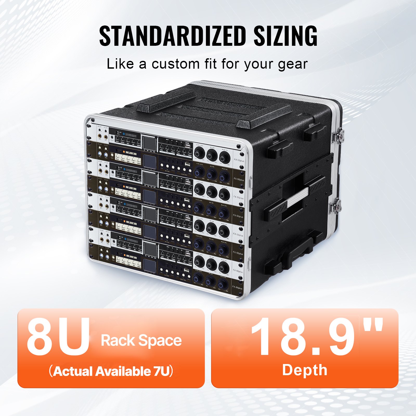 VEVOR 8U Rack Case, Standard 19 in Depth, Server Rack Cabinet with ABS Construction Wheels Heavy-Duty Twist Butterfly Latches, Detachable Front & Back Panels, for Amps, Mixers, Microphone Receivers