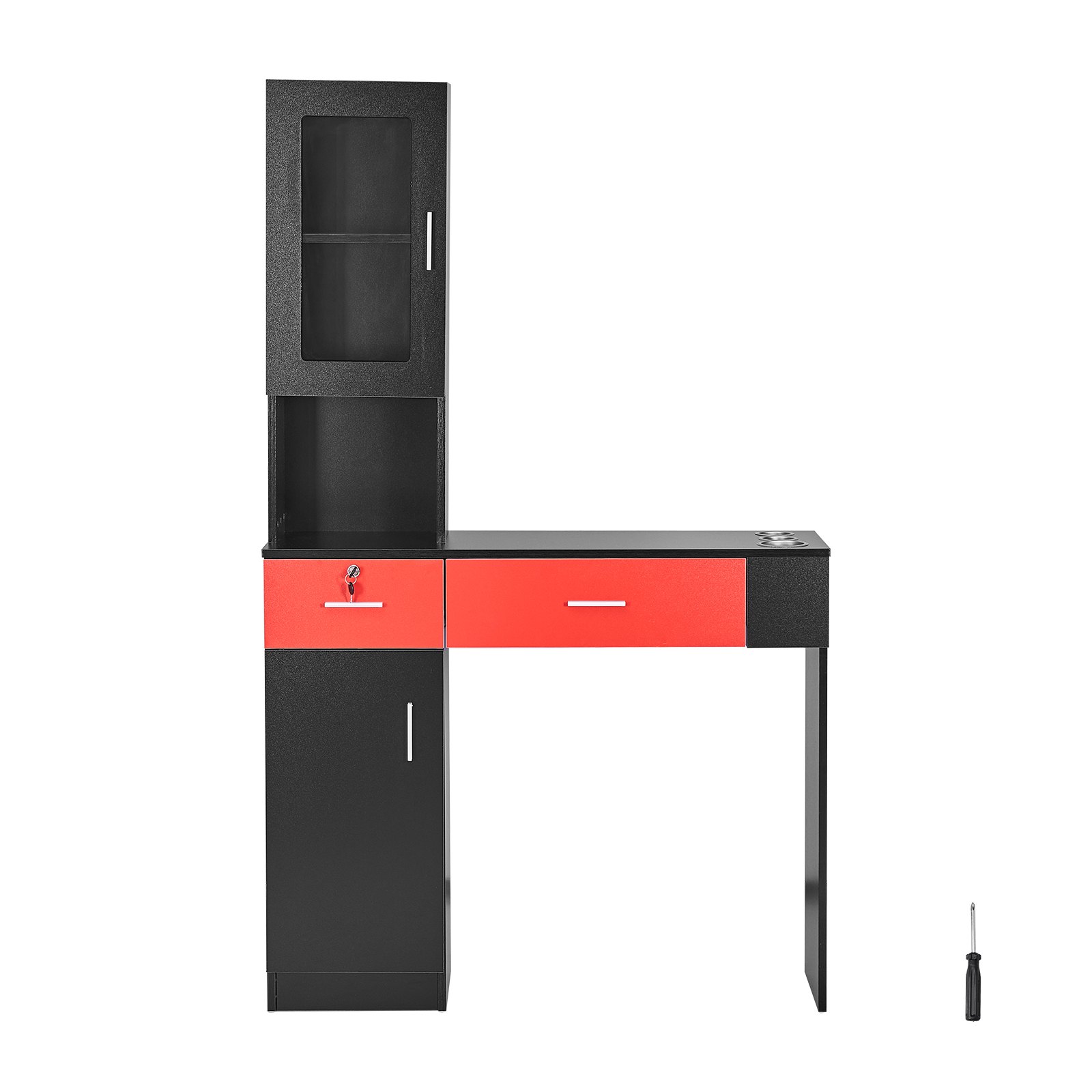 VEVOR Salon Station, wandgemonteerd kapsalonstation voor kappers, beauty spa-meubelset, 1 opbergkast, 3 compartimenten en 2 lades (waarvan één afsluitbaar), zwart en rood, 102,8 x 30 x 170 cm