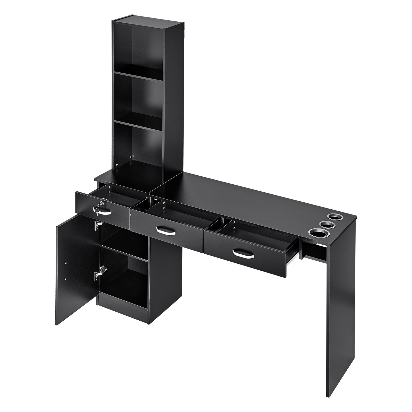 VEVOR Wandgemonteerde salontafel, kapperstafel, beauty spa meubelset, 1 opbergkast, 3 open compartimenten en 3 lades (waarvan één afsluitbaar), zwart, 129 x 33 x 177 cm