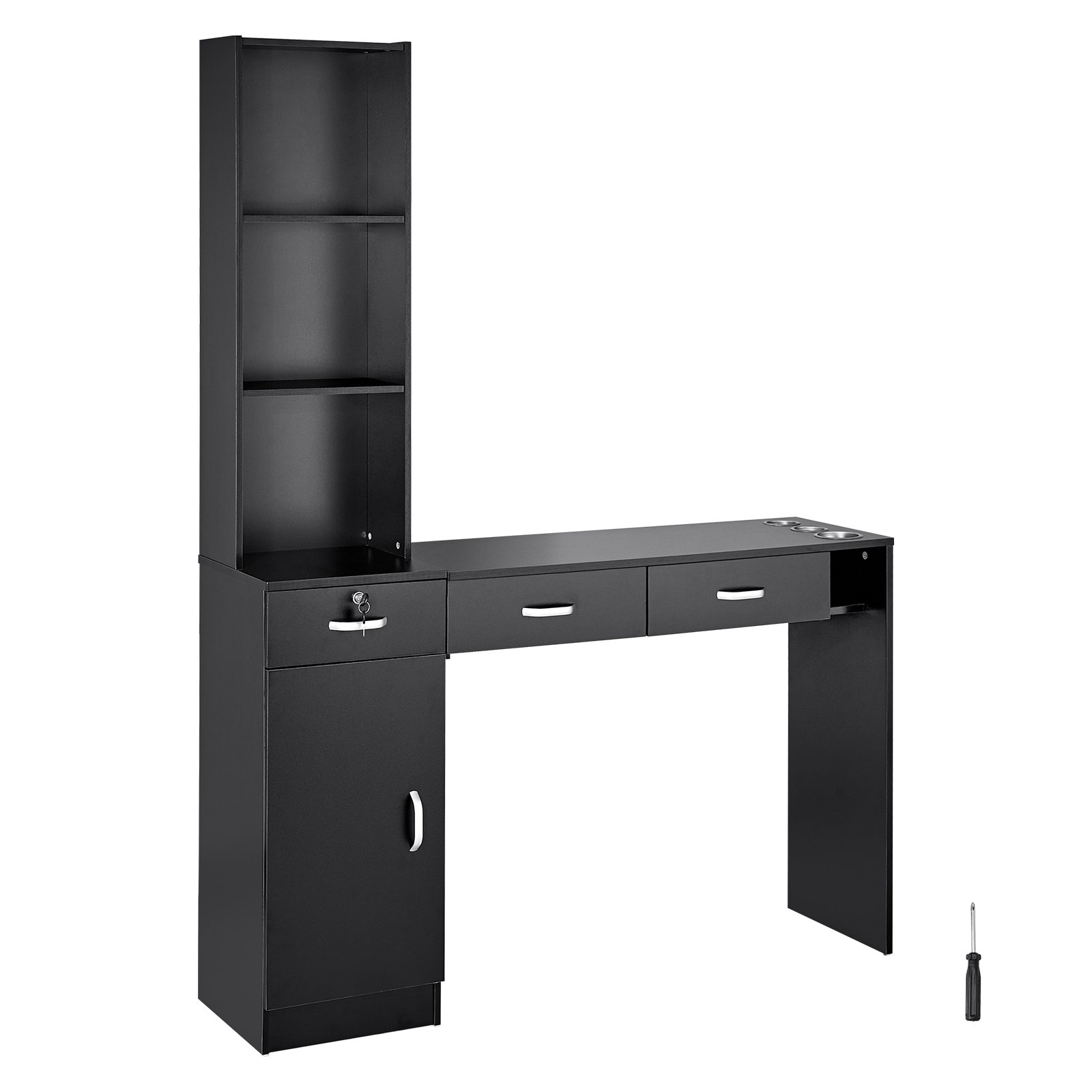 VEVOR Wandgemonteerde salontafel, kapperstafel, beauty spa meubelset, 1 opbergkast, 3 open compartimenten en 3 lades (waarvan één afsluitbaar), zwart, 129 x 33 x 177 cm