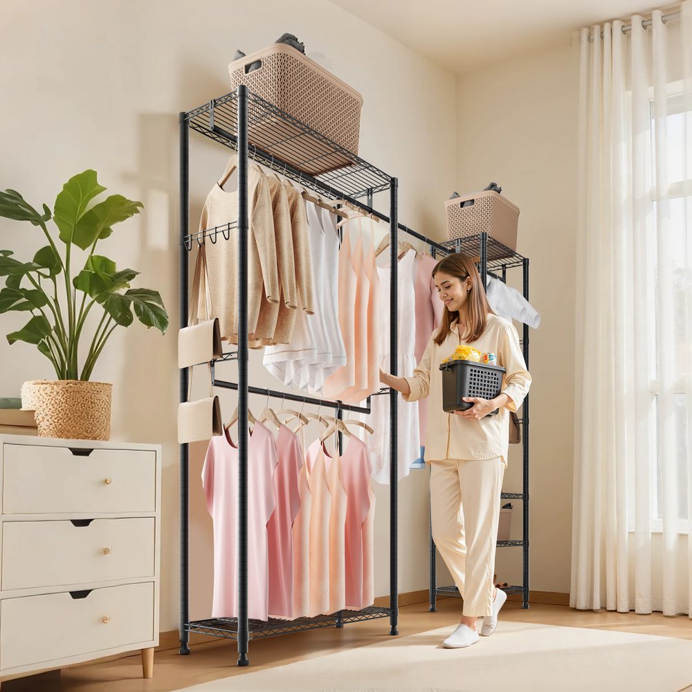 VEVOR Kledingrek met 4 kledingstangen en een draagvermogen van 363 kg, 6 planken en 8 haken, open kledingkast voor slaapkamer, kledingwinkel, garderobe, hal, zwart