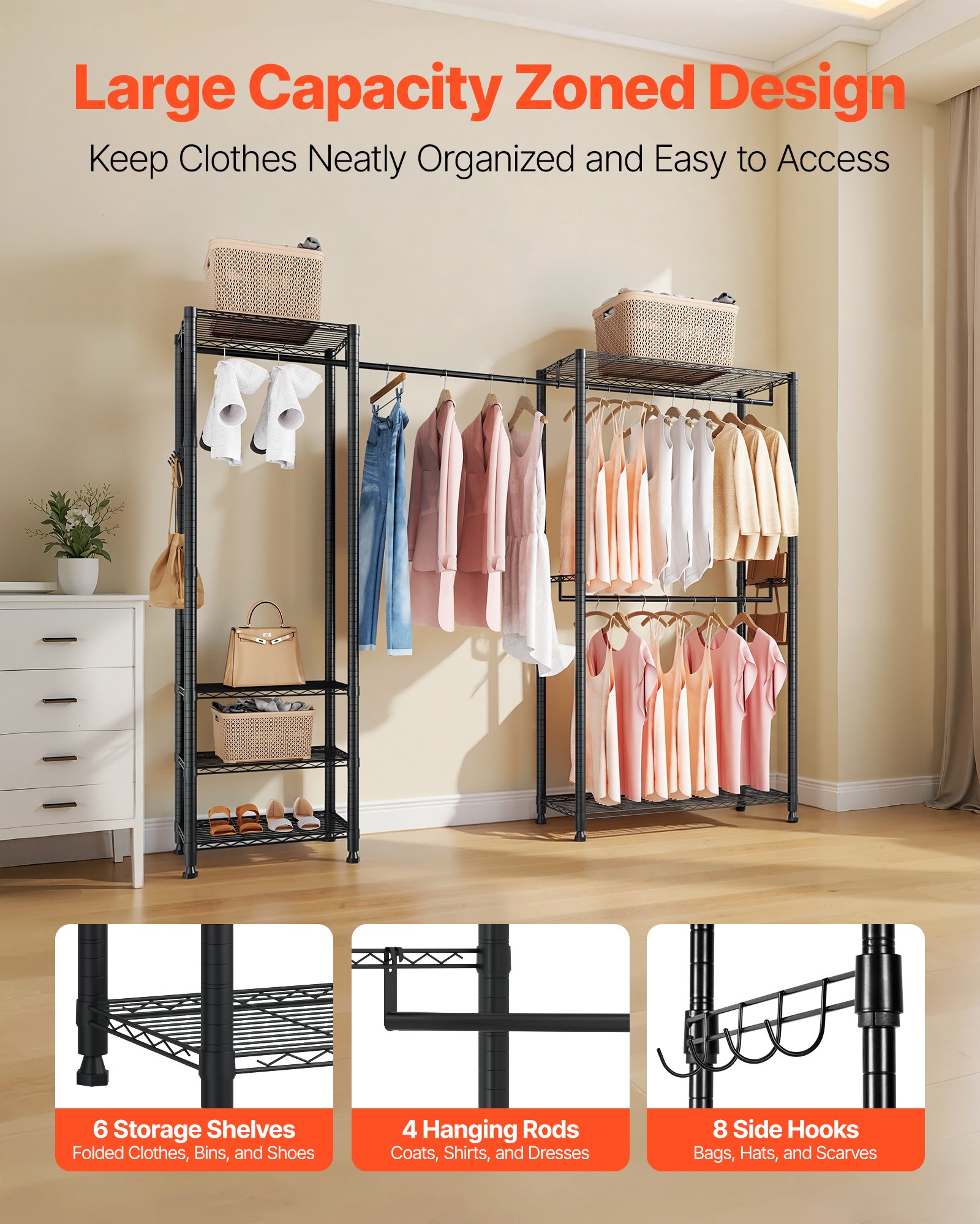 VEVOR Clothing Garment Rack, Heavy Duty Clothes Rack, Freestanding Clothes Racks with Steel Frame, 363 kg Load Capacity Closet Wardrobe with Storage Shelves for Bedroom, Clothing Store, Hallway
