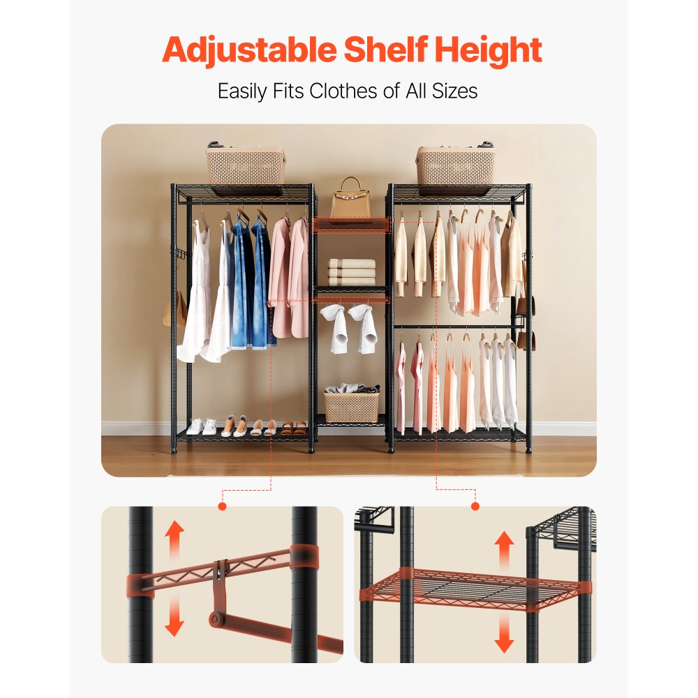 VEVOR Kledingrek (verstelbaar) met 4 kledingstangen en een draagvermogen van 385,5 kg en 7 planken en 8 haken, open kledingkast voor slaapkamer, kledingwinkel, garderobe, hal