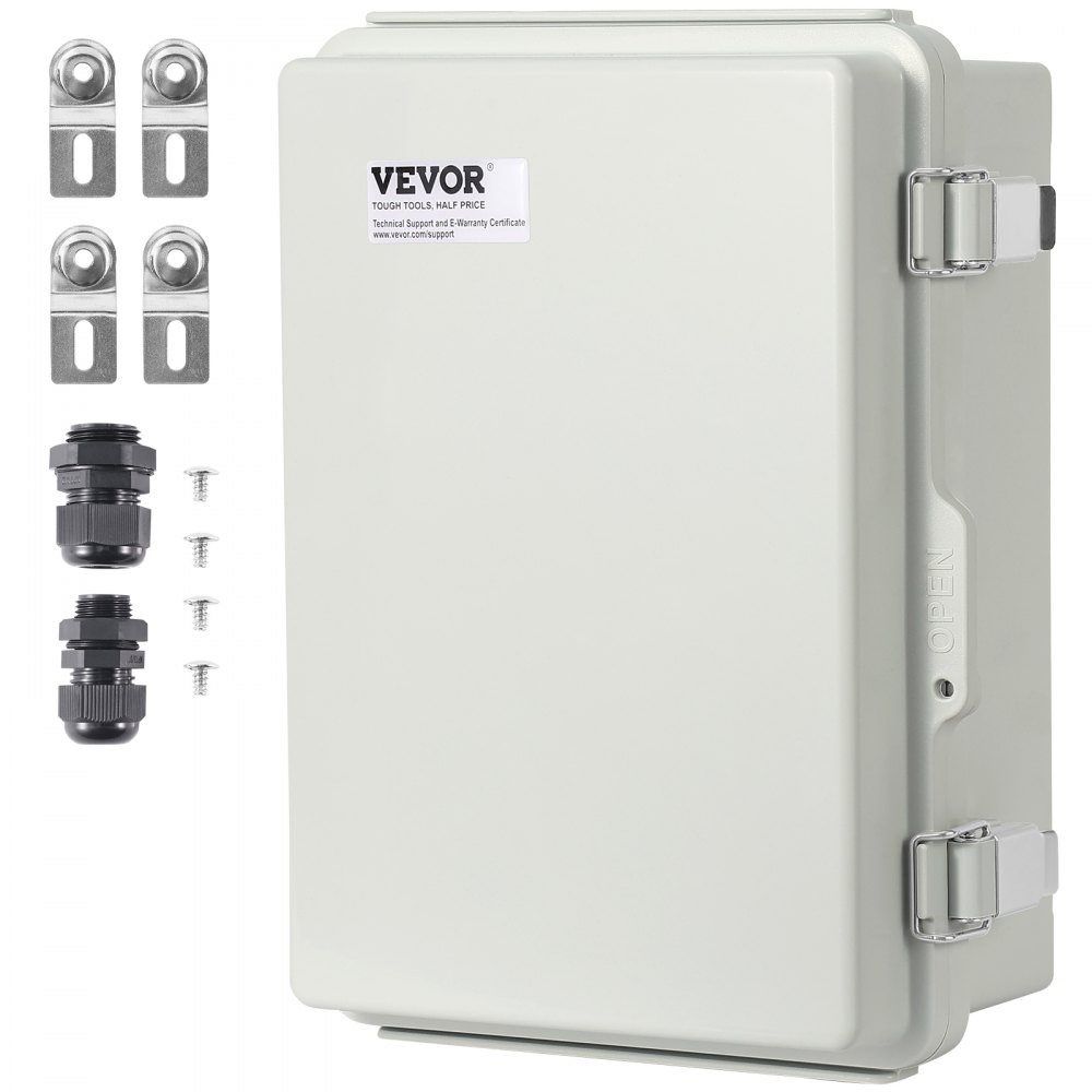 VEVOR outdoor electrical junction box with mounting brackets, cable glands, and screws.