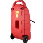 red VEVOR fuel caddy with wheels, handle, and hose attachment.