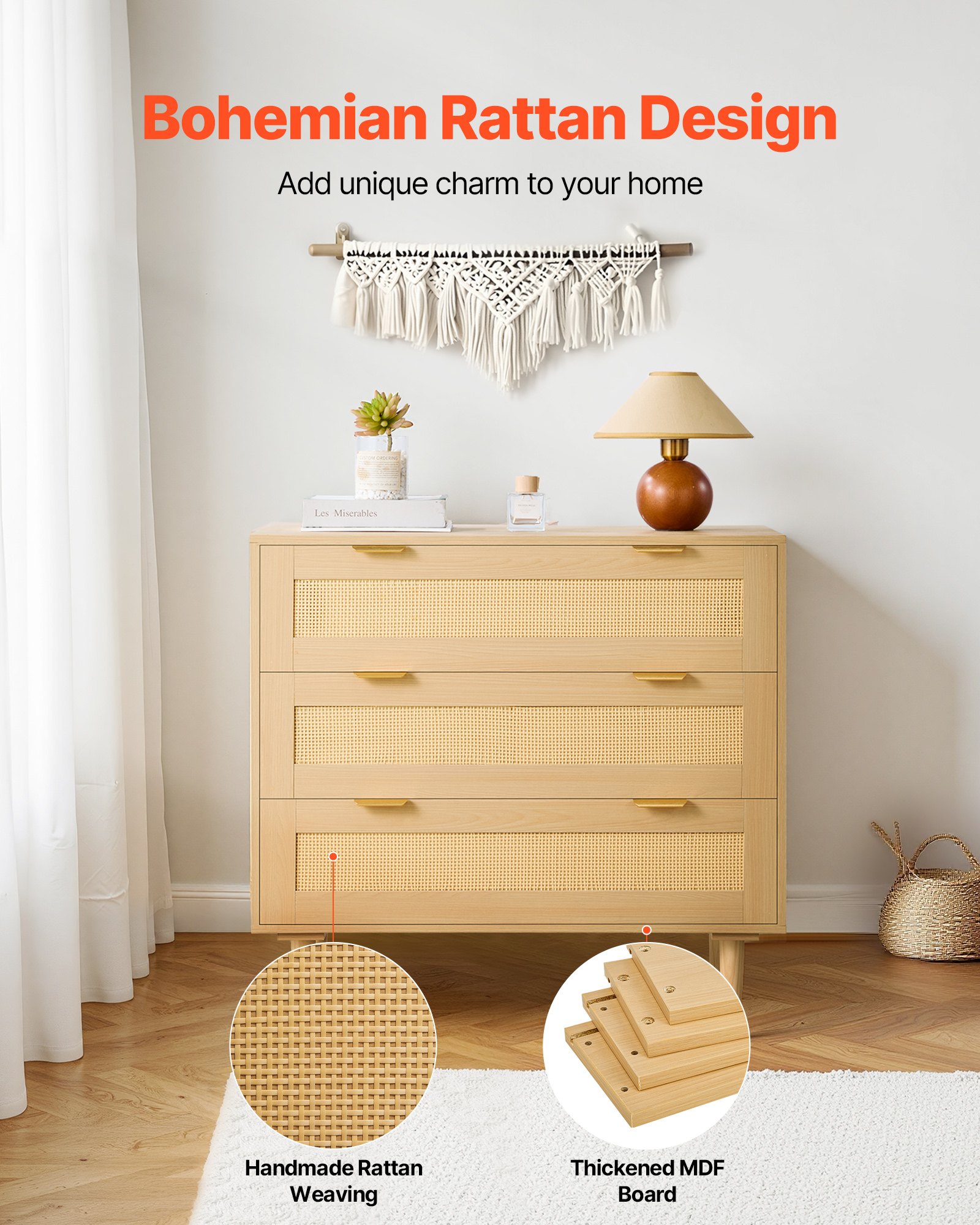 VEVOR Rattan Commode met 3 Laden, Metalen Handgrepen & Houten Poten, Moderne Rattan Kast voor Slaapkamer, Woonkamer, Hal (80 x 35 x 77 cm) Kledingkast, Ladekast