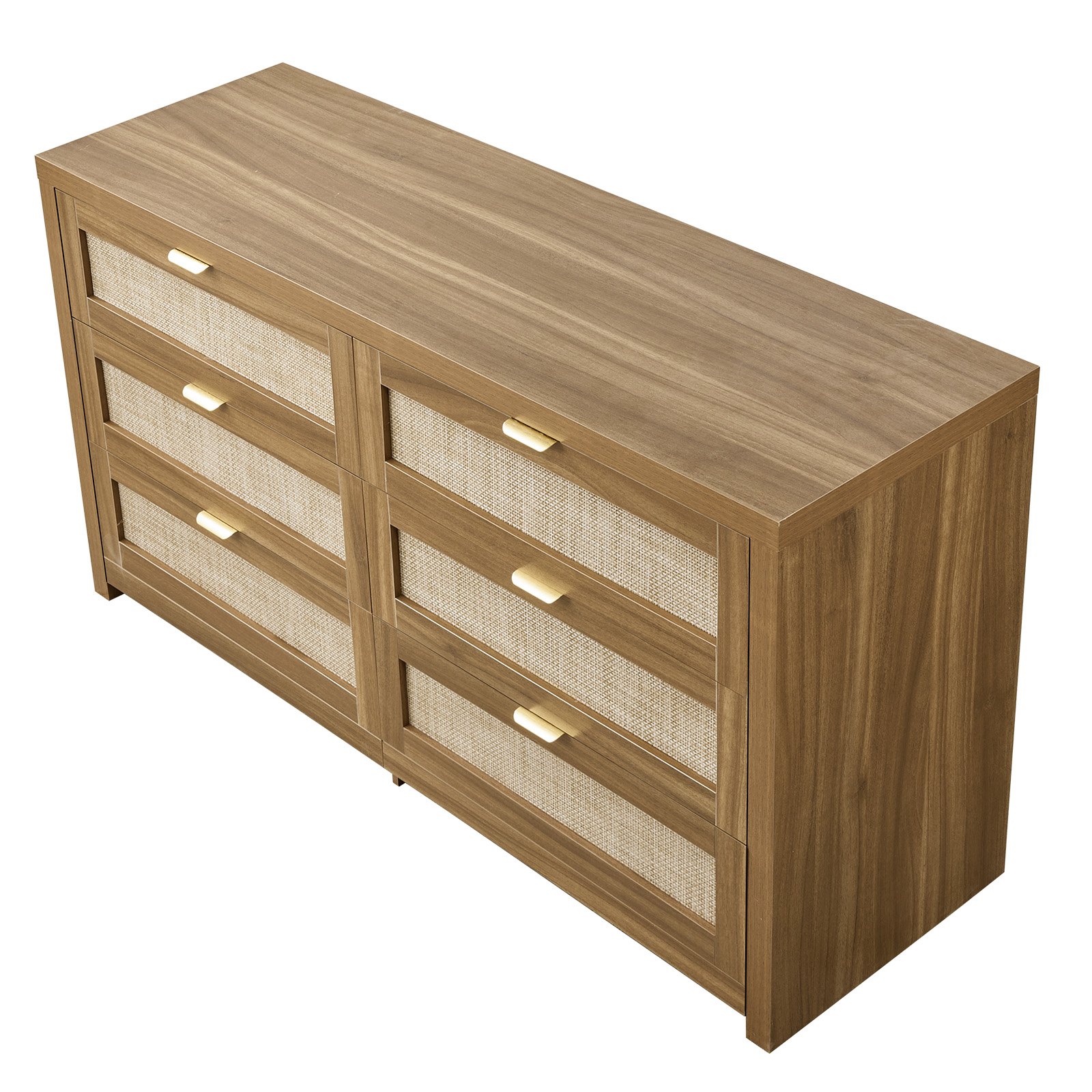 VEVOR Rattan Commode met 6 Laden en Metalen Handgreep, Moderne Rattan Kast voor Slaapkamer, Woonkamer, Hal (144,5 x 45 x 79,5 cm) Kledingkast met Laden Walnoot