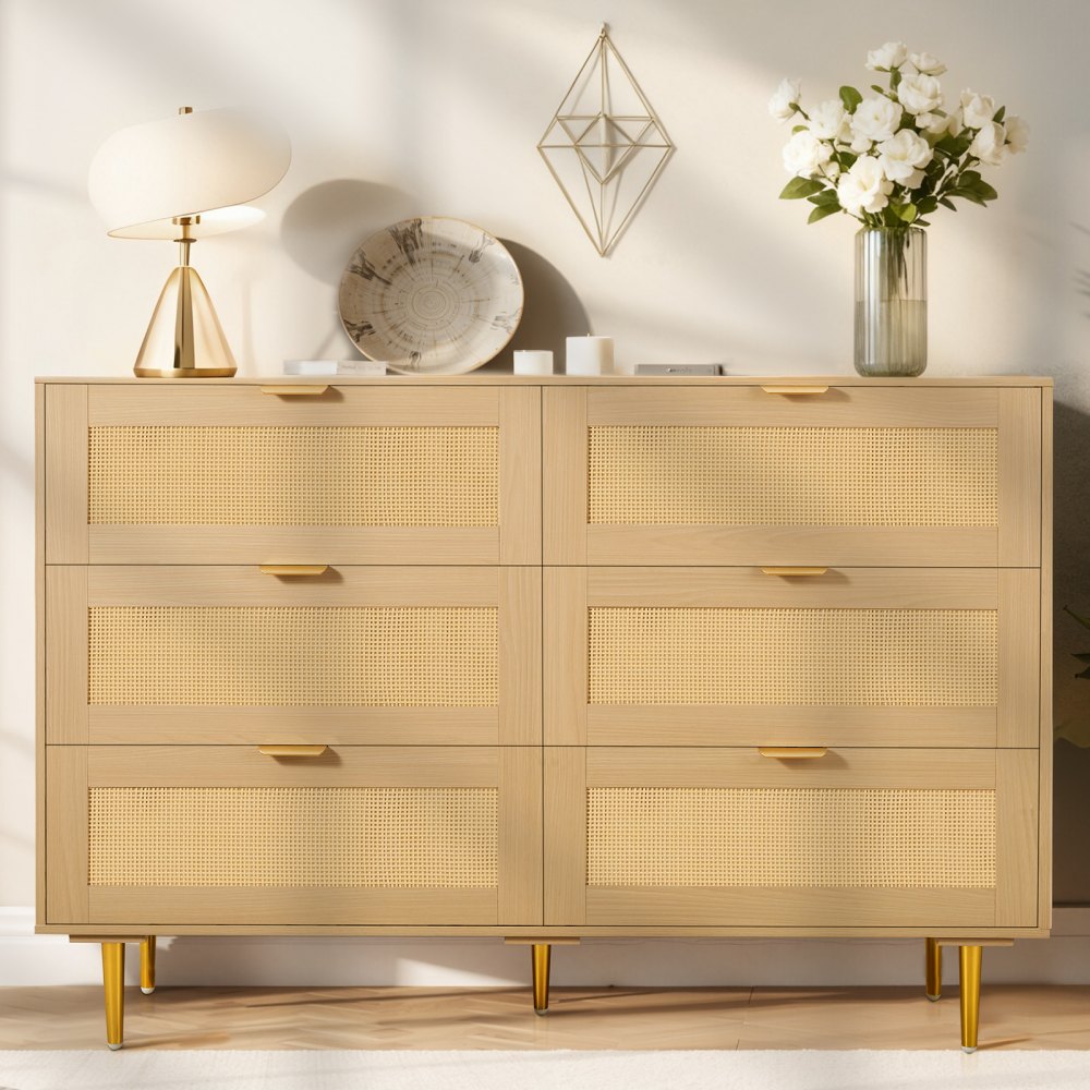 VEVOR 6 Drawer Rattan Dresser, Double Dresser for Bedroom, Natural Rattan Chest of Drawers with Metal Handles & Legs, Modern Wood Chest Clothing Organizer & Storage for Bedroom, Living Room, Hallway