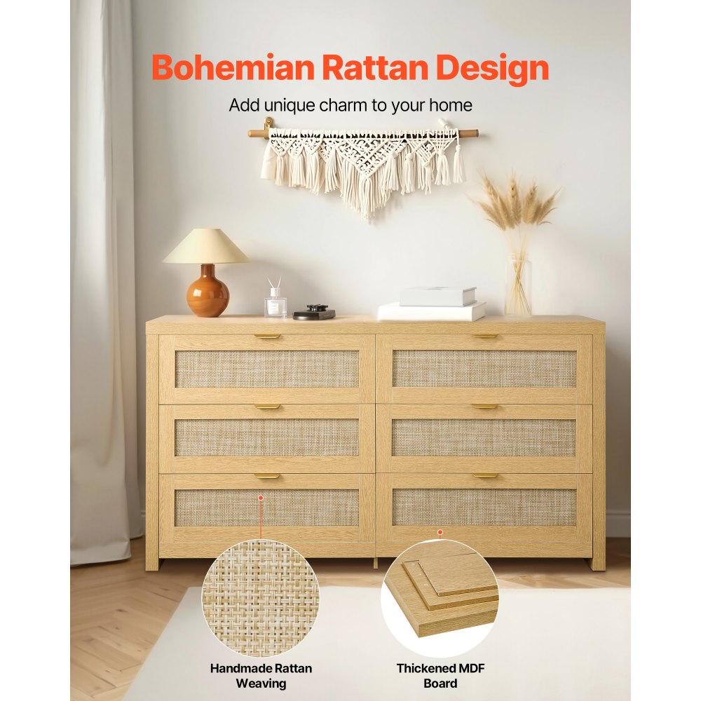 VEVOR Rattan Commode met 6 Laden en Metalen Handgrepen, Moderne Rattan Kast voor Slaapkamer, Woonkamer, Hal (144,5 x 45 x 79,5 cm) Kledingkast met Laden