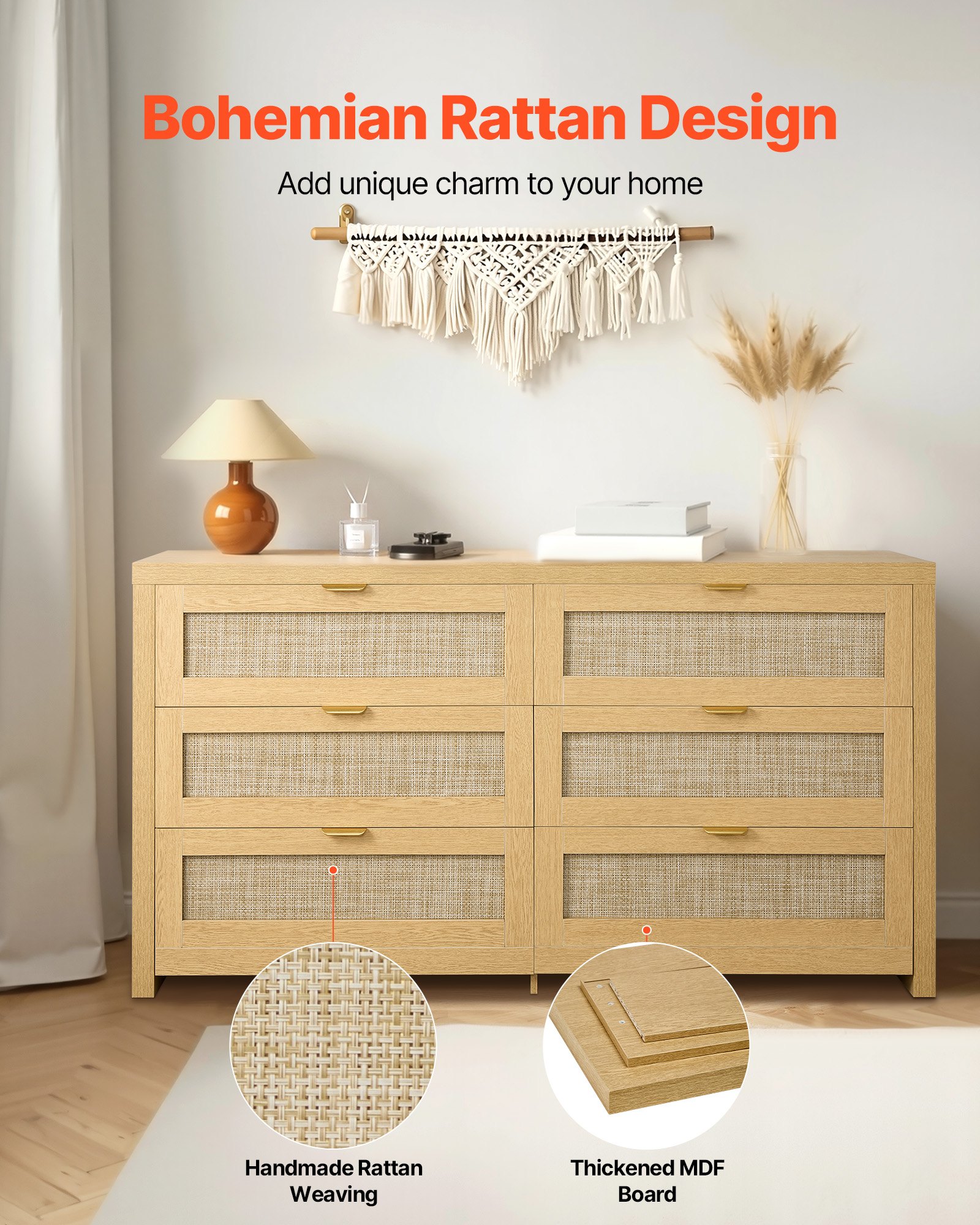 VEVOR Rattan Commode met 6 Laden en Metalen Handgrepen, Moderne Rattan Kast voor Slaapkamer, Woonkamer, Hal (144,5 x 45 x 79,5 cm) Kledingkast met Laden