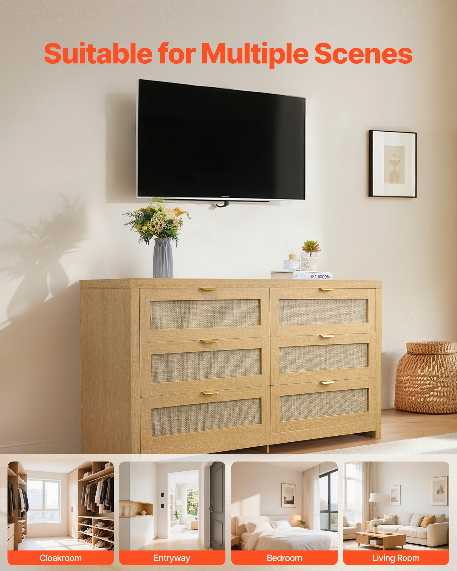 VEVOR Rattan Commode met 6 Laden en Metalen Handgrepen, Moderne Rattan Kast voor Slaapkamer, Woonkamer, Hal (144,5 x 45 x 79,5 cm) Kledingkast met Laden