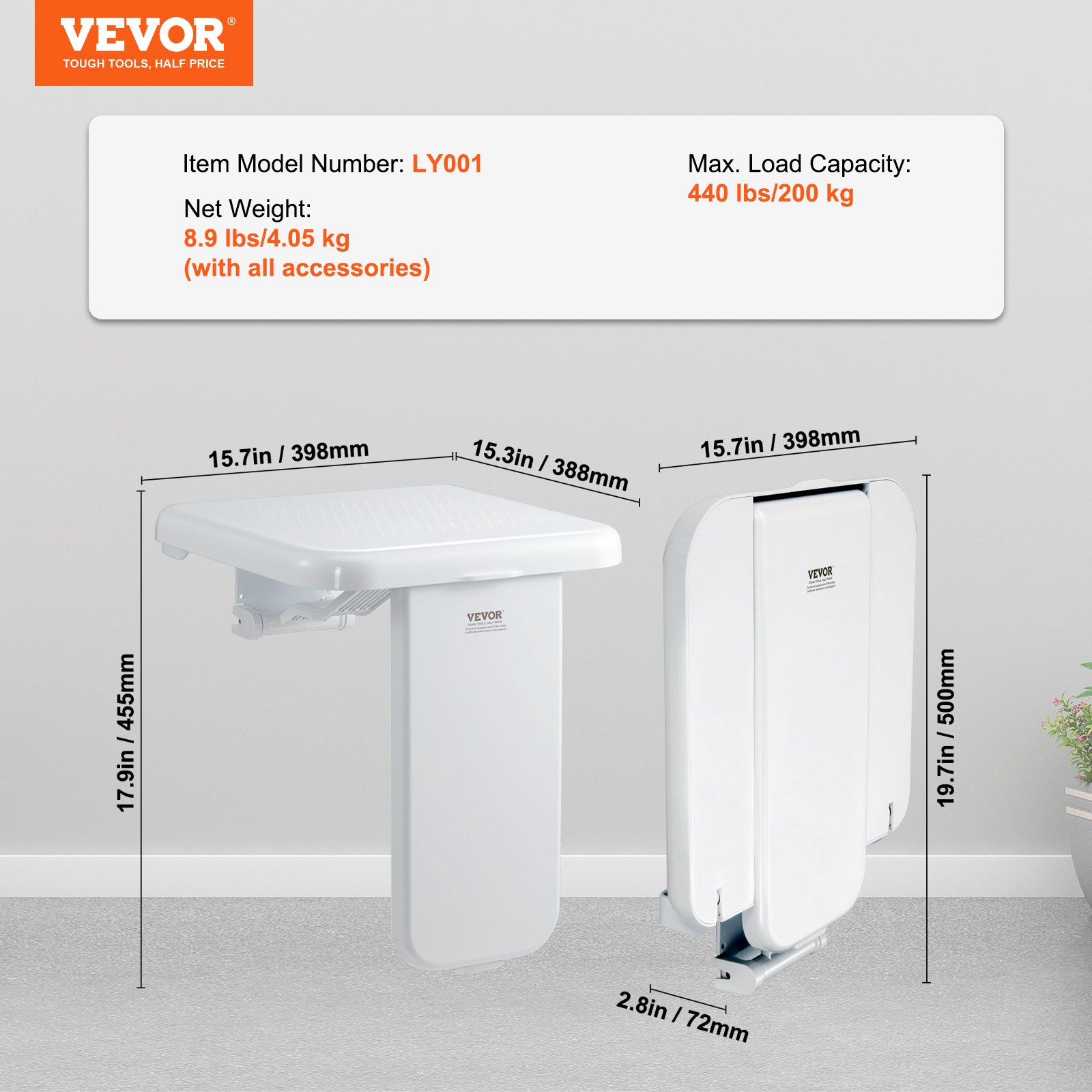 VEVOR ABS opvouwbare douchestoel, 40 x 42 cm uitgeklapt, aan de muur te monteren, opvouwbare douchebank met een draagvermogen van 200 kg, ruimtebesparende opvouwbare douchestoel voor senioren, zwangere vrouwen, kinderen en