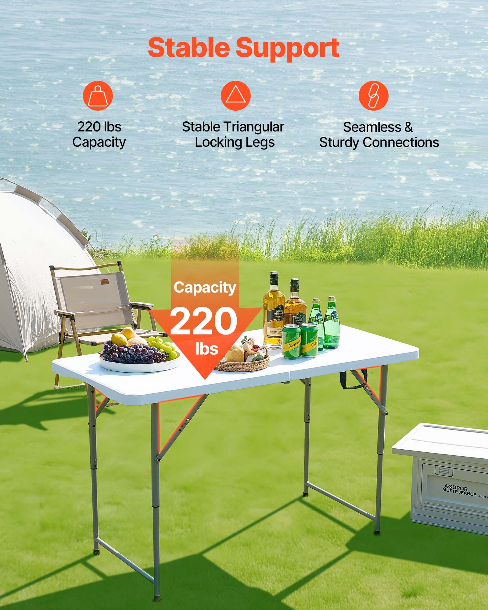 VEVOR Folding Table, 4 Ft Heavy Duty Portable Fold-in-Half Utility Table, Indoor Outdoor Plastic Rectangle Table with Adjustable Height and Built in Handle, for Party, Dining, Picnic, Camping, White