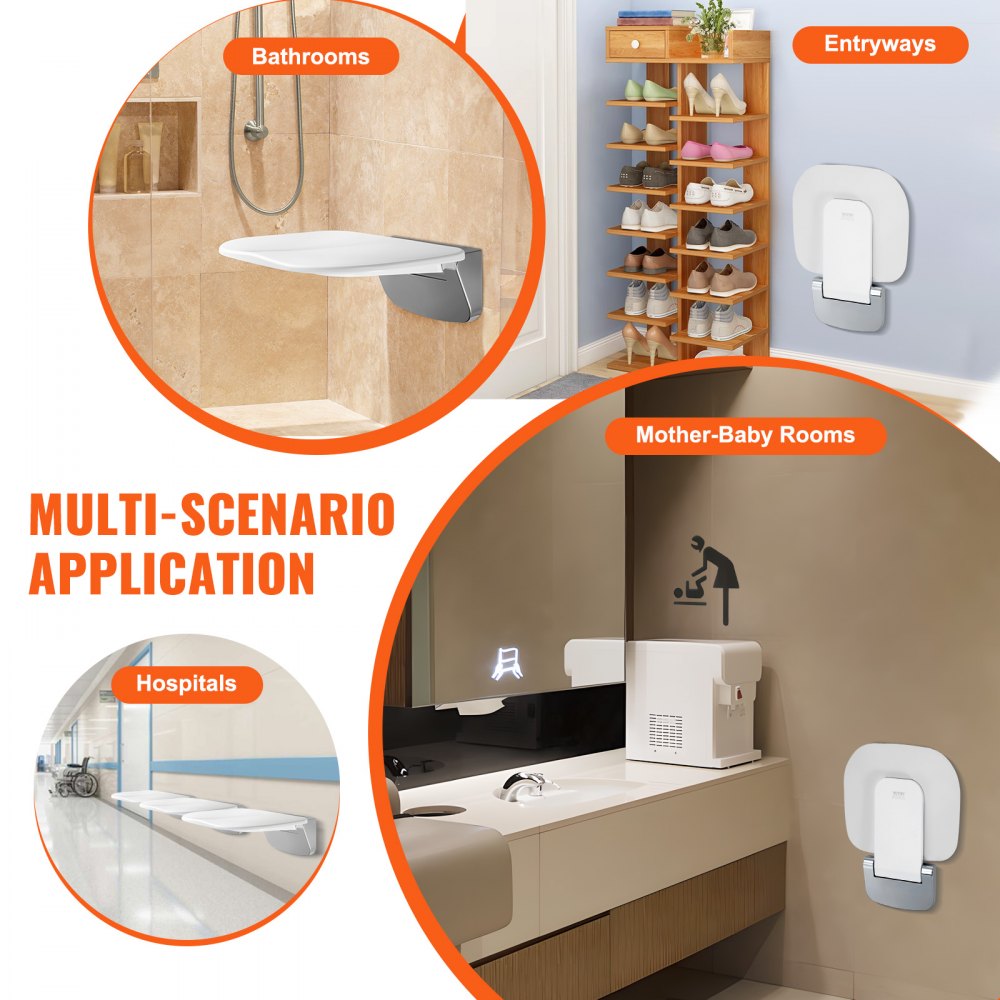 VEVOR Urea-formaldehyde Folding Shower Seat, 13.6'' x 12.8'' Unfolded, Wall Mounted Fold Up Shower Bench with 450 lbs Load Capacity, Space Saving Fold Down Shower Chair for Seniors Children Adults