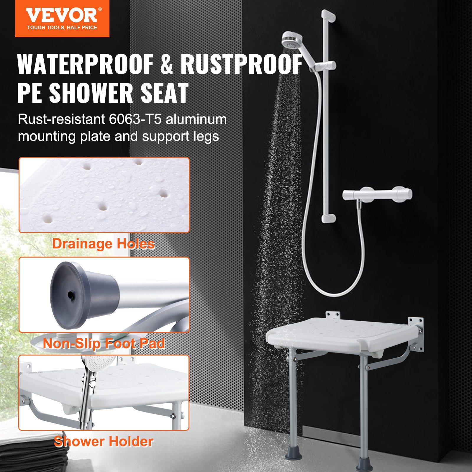 VEVOR Folding PE Shower Seat, 15.7'' x 14.8'' Unfolded, Wall Mounted Fold Up Shower Bench with 500 lbs Load Capacity, Space Saving Fold Down Shower Chair for Seniors Pregnant Women Children Adults