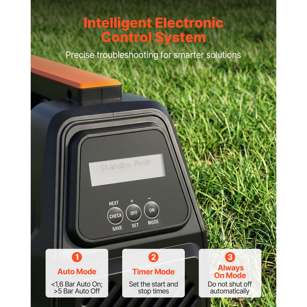 VEVOR tuinpomp 1300 W, irrigatiepomp met een maximale doorstroomsnelheid van 4800 l/u, PP-jetpomp, zuigpomp met een opvoerhoogte van 48 m, intelligente elektronische besturing, voor tuinirrigatie en gazonbesproeiing.