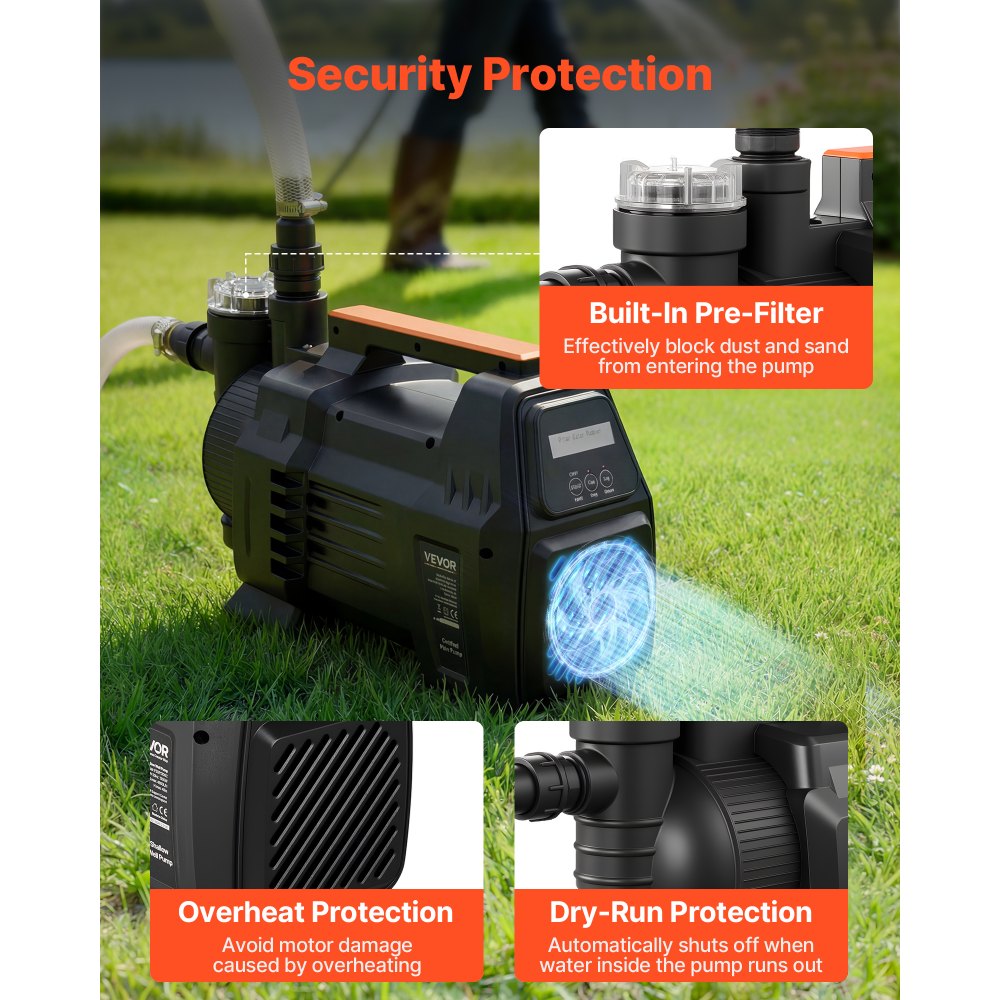 VEVOR tuinpomp 1300 W, irrigatiepomp met een maximale doorstroomsnelheid van 4800 l/u, PP-jetpomp, zuigpomp met een opvoerhoogte van 48 m, intelligente elektronische besturing, voor tuinirrigatie en gazonbesproeiing.