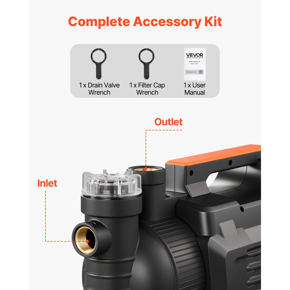 VEVOR tuinpomp 1300 W, irrigatiepomp met een maximale doorstroomsnelheid van 4800 l/u, PP-jetpomp, zuigpomp met een opvoerhoogte van 48 m, intelligente elektronische besturing, voor tuinirrigatie en gazonbesproeiing.