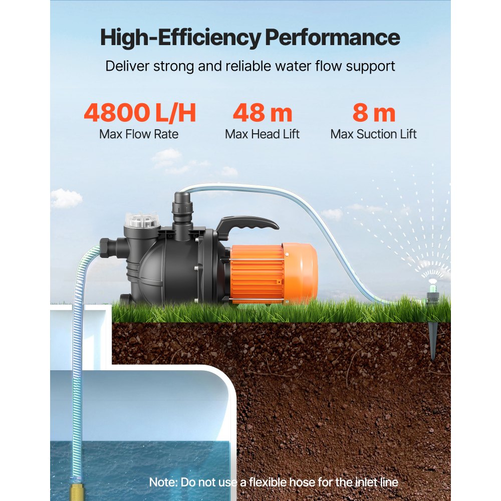 VEVOR tuinpomp, 1300 W, 230 V, max. debiet 4800 l/u, PP irrigatiepomp met 48 m opvoerhoogte, oververhittingsbeveiliging, Europese spanningsnormen, voor tuinirrigatie en bewatering.