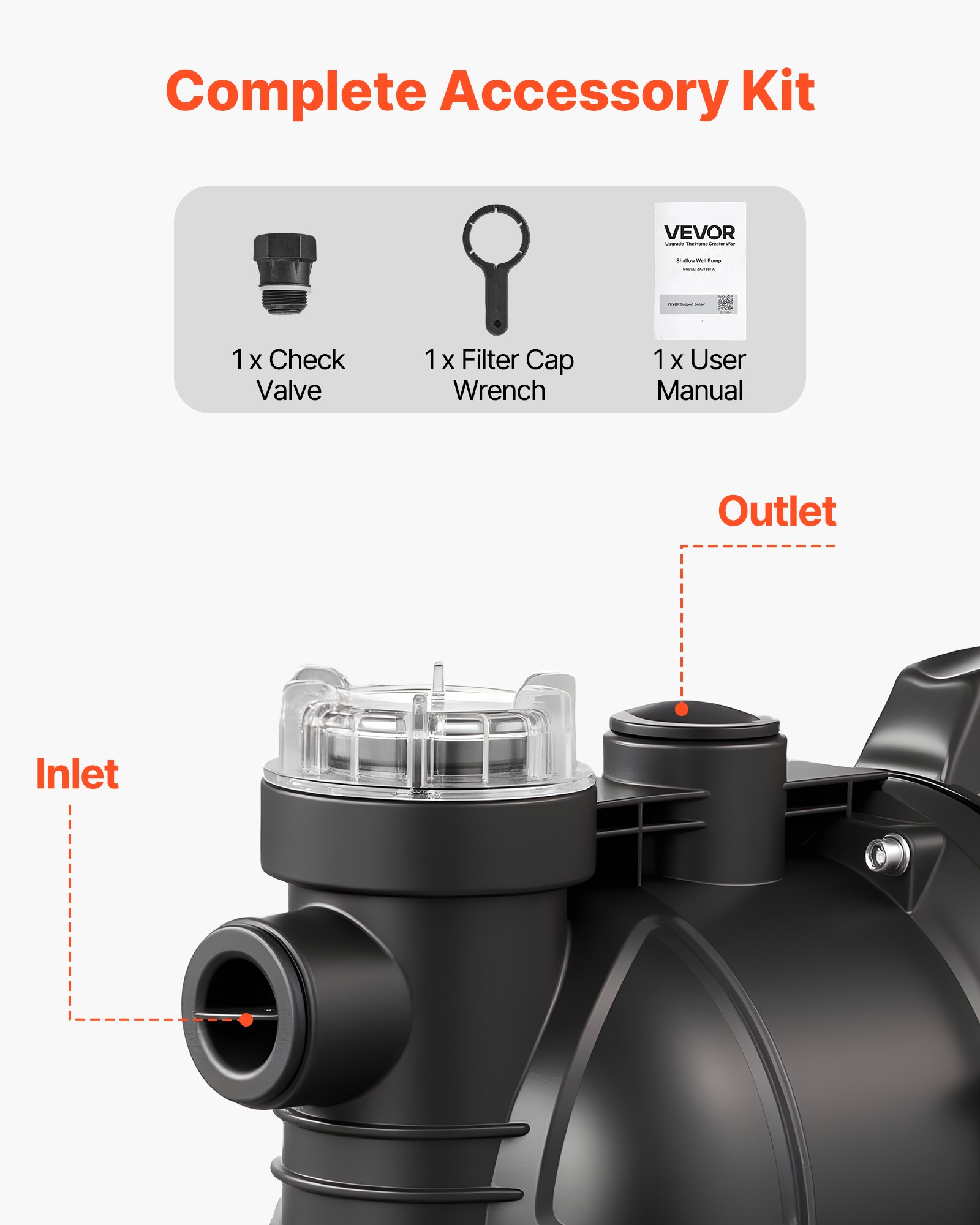 VEVOR tuinpomp, 1300 W, 230 V, max. debiet 4800 l/u, PP irrigatiepomp met 48 m opvoerhoogte, oververhittingsbeveiliging, Europese spanningsnormen, voor tuinirrigatie en bewatering.