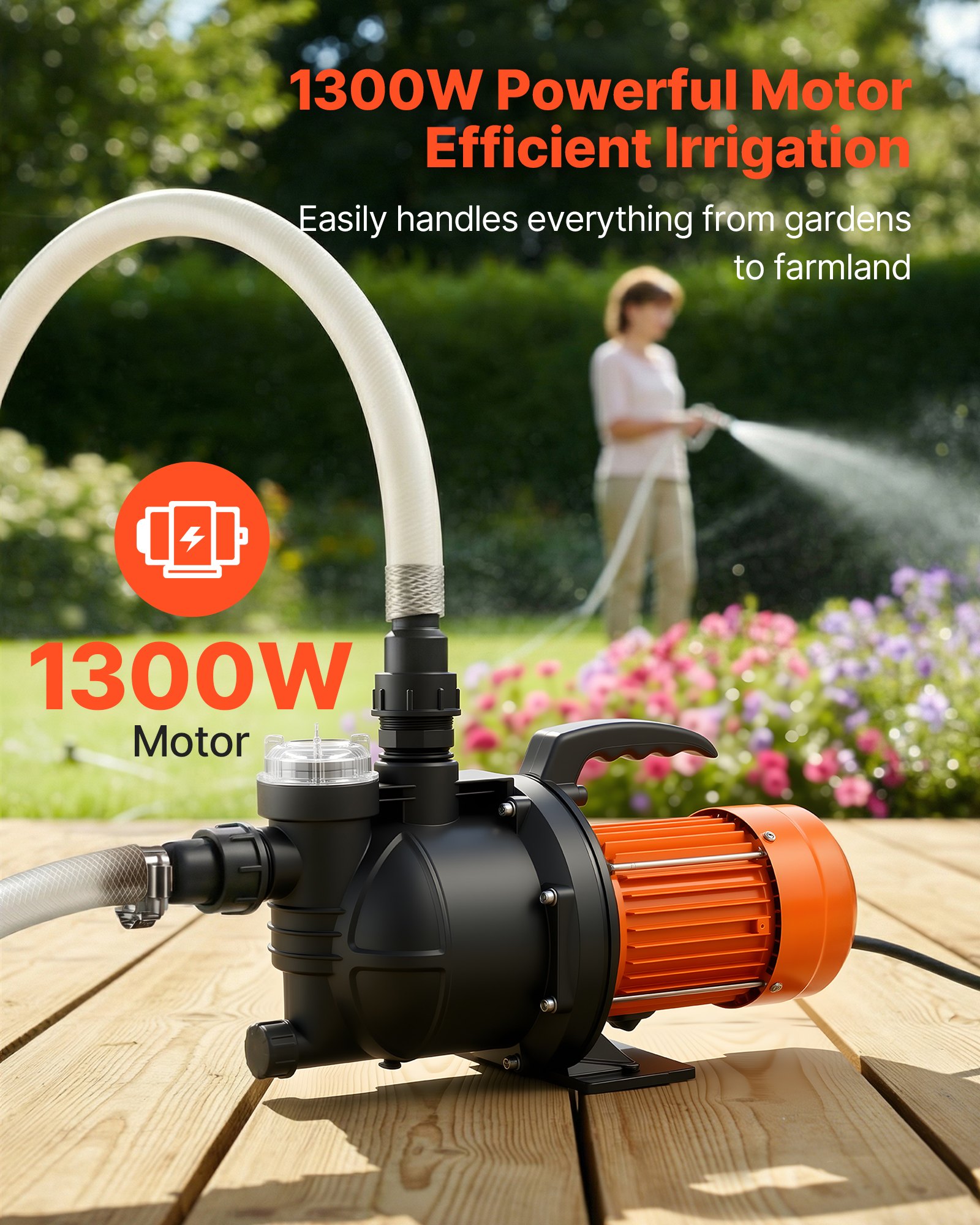 VEVOR tuinpomp, 1300 W, 230 V, max. debiet 4800 l/u, PP irrigatiepomp met 48 m opvoerhoogte, oververhittingsbeveiliging, Europese spanningsnormen, voor tuinirrigatie en bewatering.