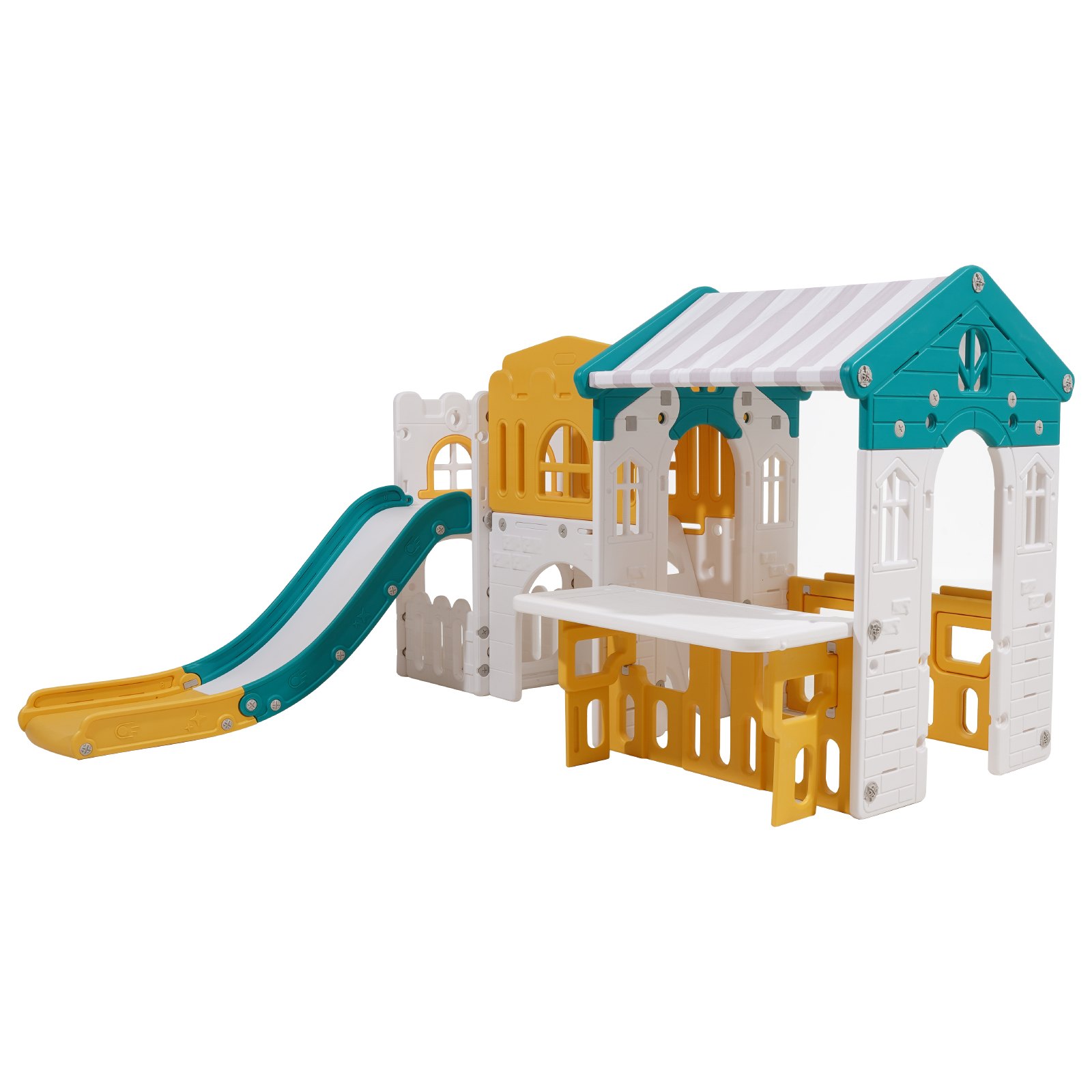 VEVOR Buitenspeelhuis, Buitentuinhuisje (Glijbaan/Basketbal/Telescoop/Stuurwiel/Kruiptunnel/Uitverkoopvenster) Kinderspeelhuis voor peuters vanaf 1 jaar, Kinderhuis van HDPE-kunststof