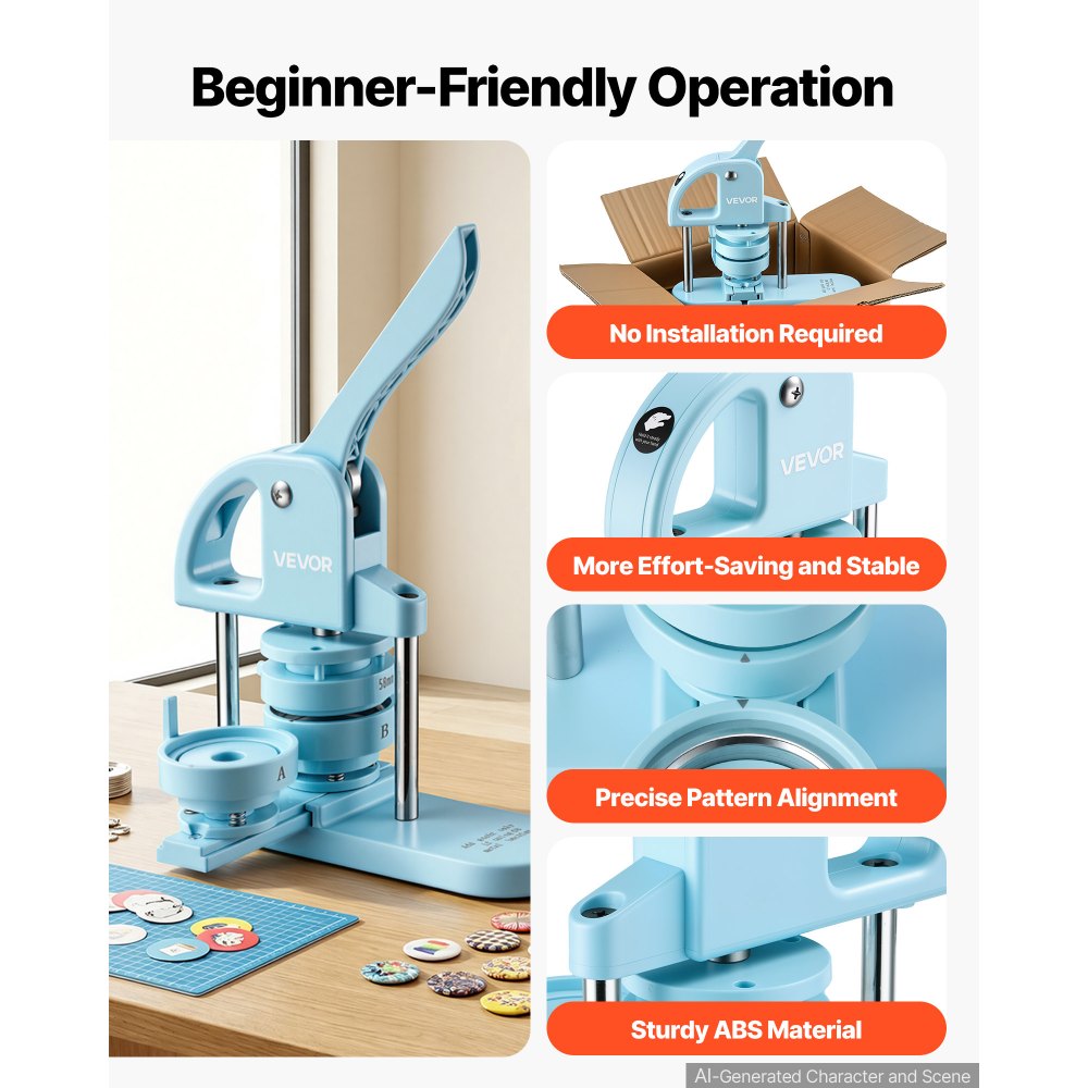 VEVOR knopenmachine 25/32/58 mm knopenmaakmachine blauw 300 stuks, met cirkelsnijder, sjabloonboekje en ergonomische handgreep voor het zelf maken van badges, speldjes, koelkastmagneten en sleutelhangers