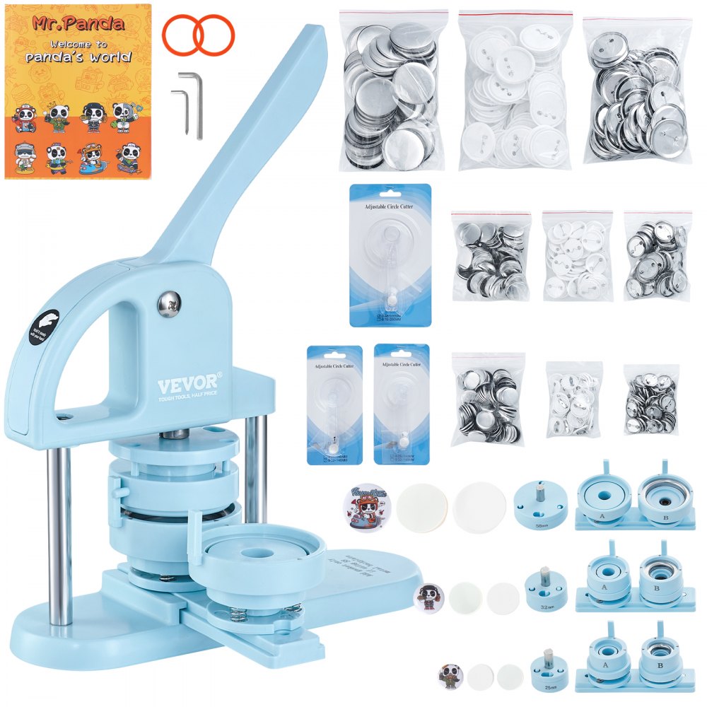 VEVOR Button Maker Machine, 25/32/58 mm 3-in-1 Pin Maker, 300 stuks Button Maker Onderdelen, Button Maker Machine met Panda Spellbook, Punch Set met Boog Handvat, voor DIY Cadeaus voor Kinderen