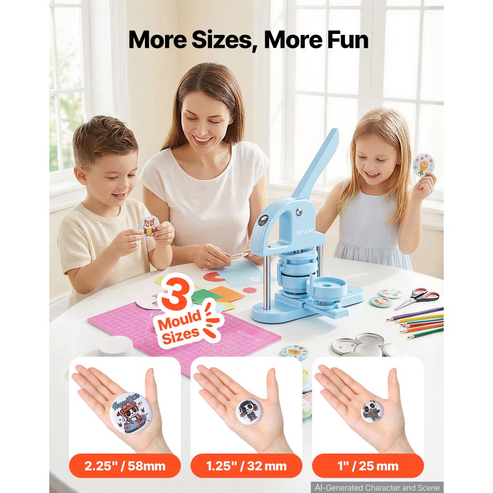 VEVOR Button Maker Machine, 25/32/58 mm 3-in-1 Pin Maker, 300 stuks Button Maker Onderdelen, Button Maker Machine met Panda Spellbook, Punch Set met Boog Handvat, voor DIY Cadeaus voor Kinderen