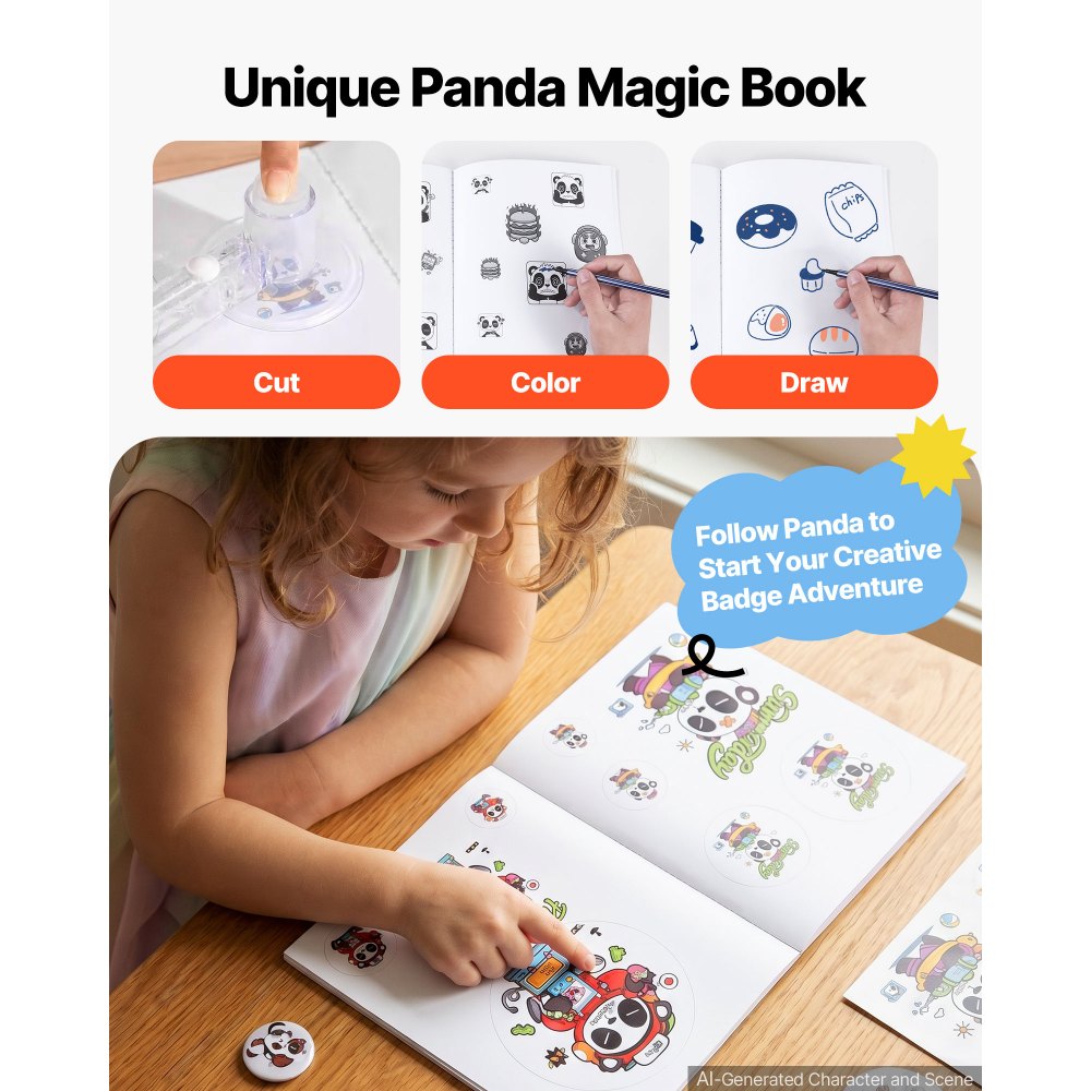 VEVOR Button Maker Machine, 25/32/58 mm 3-in-1 Pin Maker, 300 stuks Button Maker Onderdelen, Button Maker Machine met Panda Spellbook, Punch Set met Boog Handvat, voor DIY Cadeaus voor Kinderen