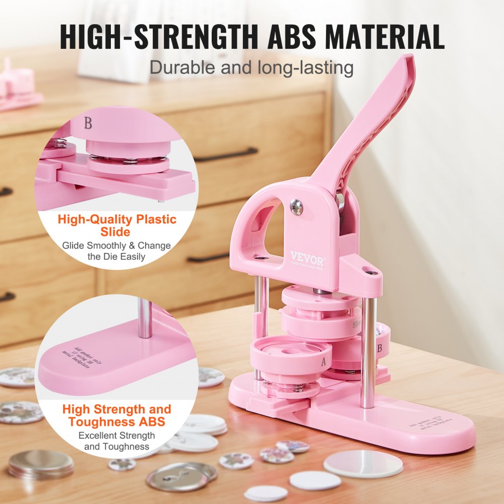 VEVOR Button Maker, 1/1.25/2.28 inch(25/32/58mm) 3-IN-1 Pin Maker, 300pcs Button Parts, Button Maker Machine with Panda Magic Book, Ergonomic Arc Handle Punch Press Kit, For Children DIY Gifts, Pink