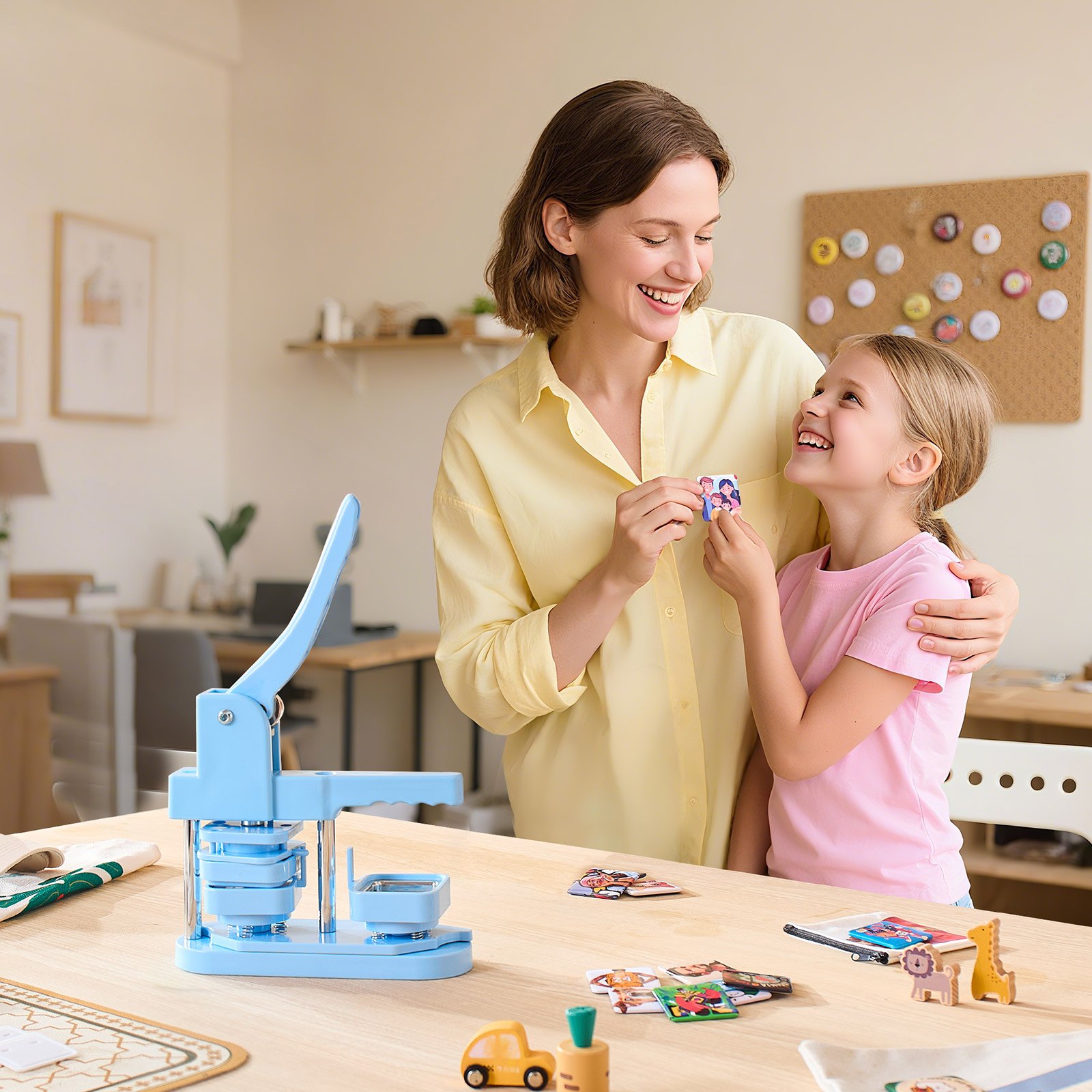 VEVOR Badgeponsmachine 50 x 50 mm Vierkant, Pinmaker met blikken voorkant en magnetische achterkant en ergonomische handgreep, DIY Badgeponsmachine Blauw