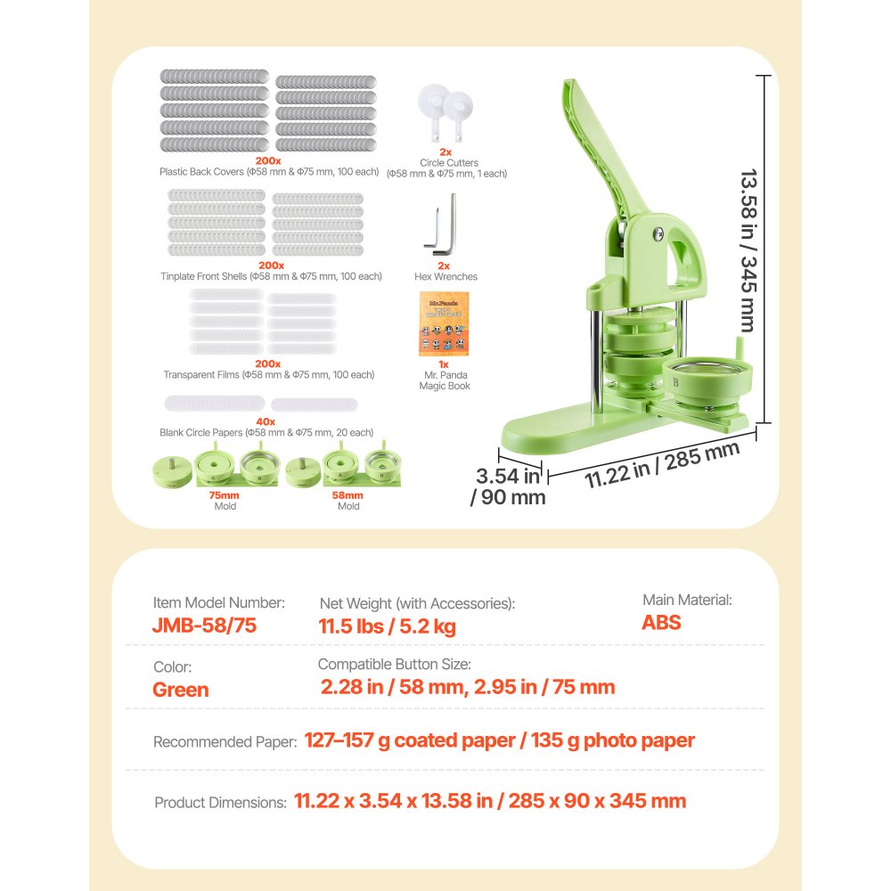 VEVOR Button Maker Machine Badge Punch Press 58/75 mm, Pin Maker met 200 Button Onderdelen & Cirkelsnijder & Spell Book & Versterkte Ergonomische Handgreep, DIY Badge Press Machine Groen