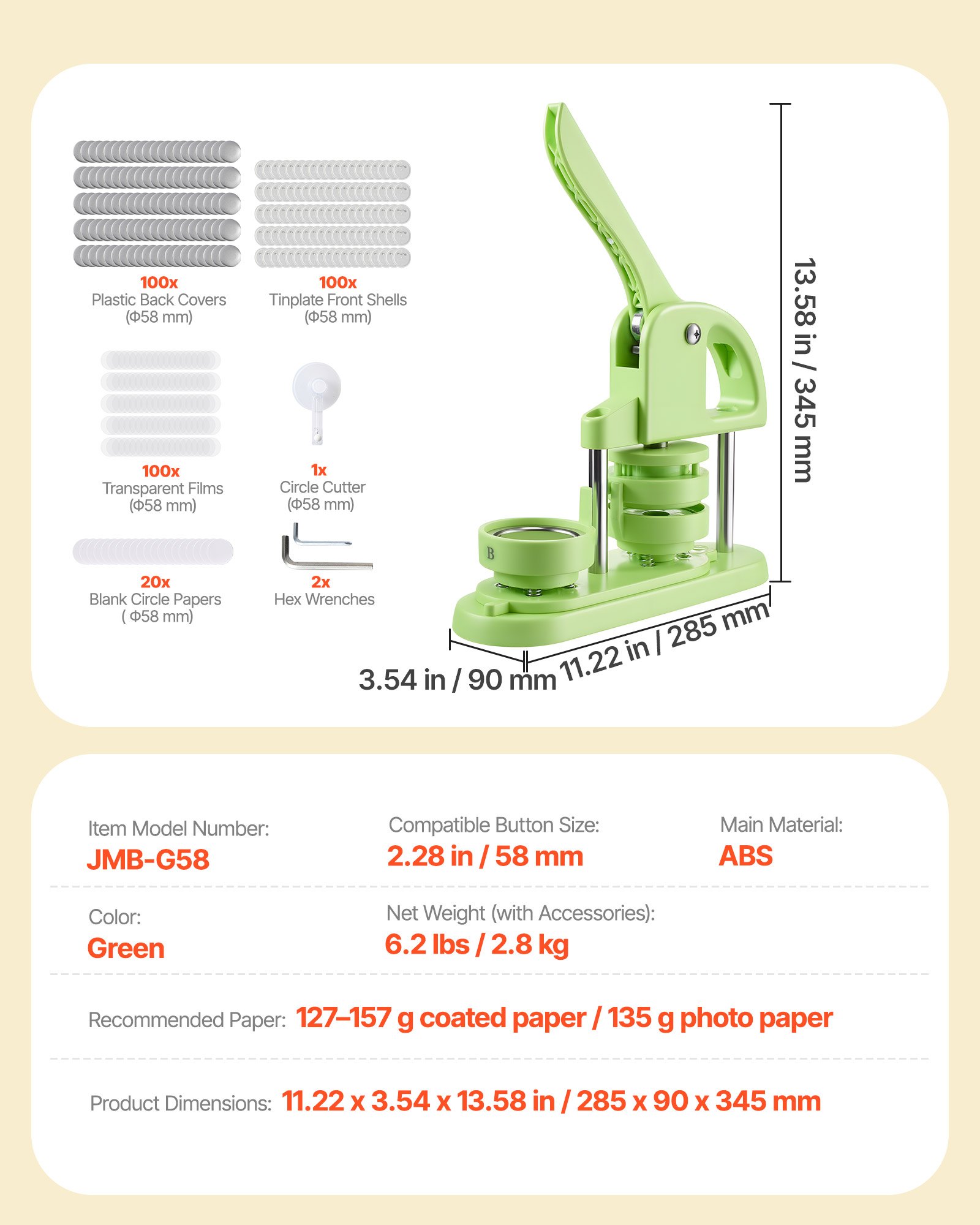 VEVOR Button Maker Machine Badge Punch Press 58 mm Rond, Pin Maker met 100 Button Onderdelen & Cirkelsnijder & Versterkte Ergonomische Handgreep, DIY Badge Press Machine Groen