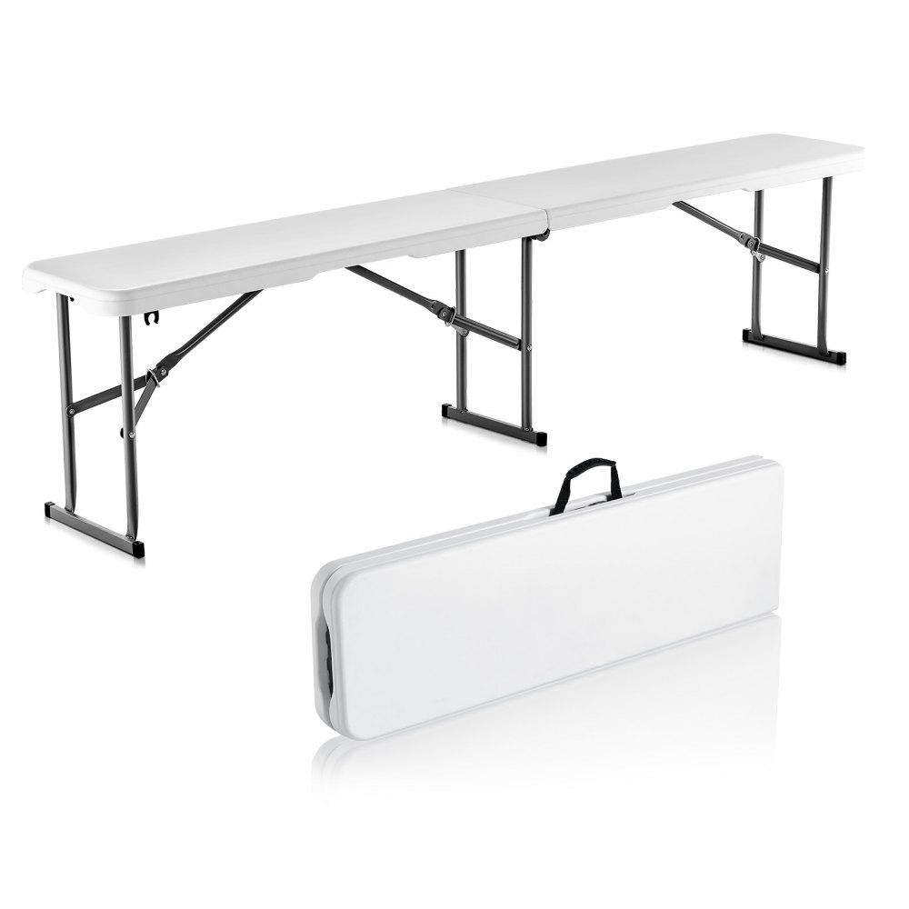 VEVOR folding bench with metal legs, shown extended and folded for easy storage.