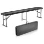 VEVOR folding bench in extended and folded positions with black steel legs and handle for easy transport.