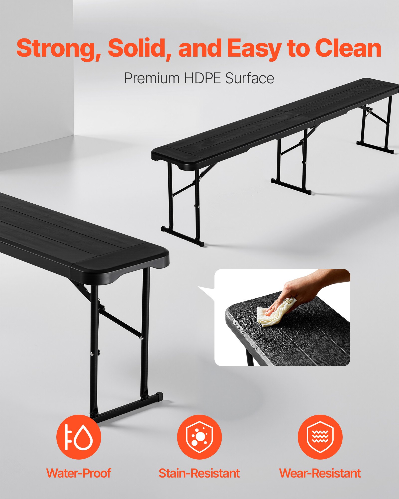 VEVOR kunststof opvouwbare bank, 1,83 m draagbare opvouwbare bank, gladde waterdichte HDPE buitenbank, picknick- en kampeerstoel met draaggreep, voor leuke activiteiten zoals voetbal in de tuin, zwart (1 verpakking)