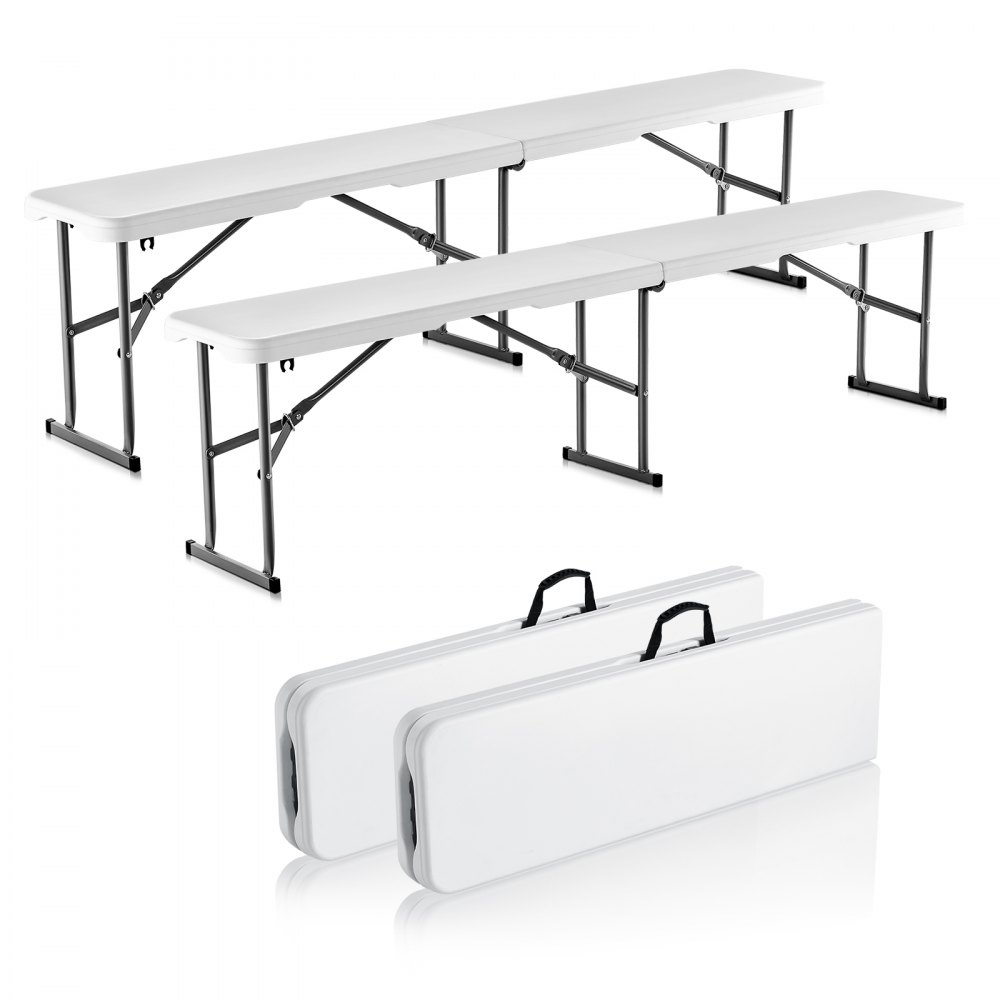 two white VEVOR folding picnic benches, set up, and folded with handles for easy transport.