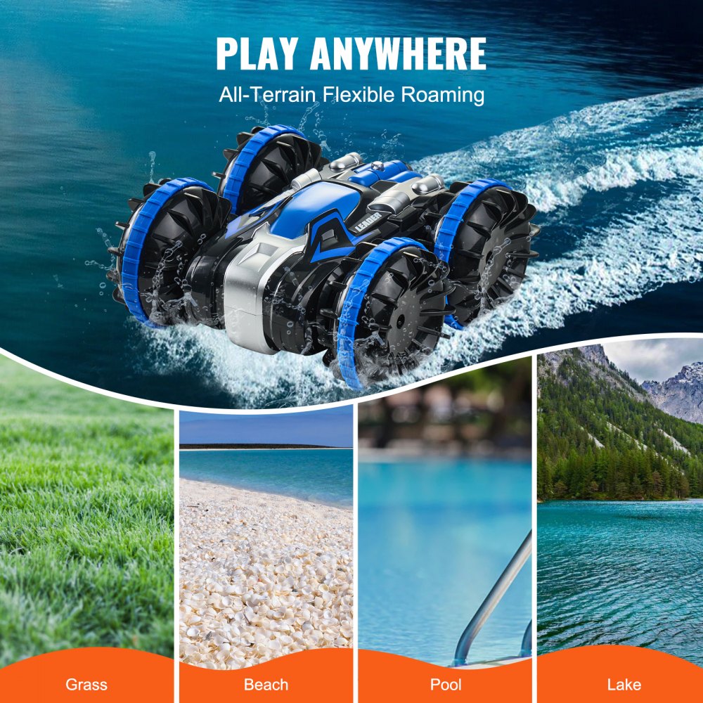 VEVOR Amfibische afstandsbediening autoboot, 2,4 GHz, 12 km/u, 4WD waterdichte RC-auto voor kinderen, 360° roterende stuntauto met 2 batterijen, terreinspeelgoed voor op het strand en in het zwembad voor jongens en meisjes vanaf 6 jaar, blauw