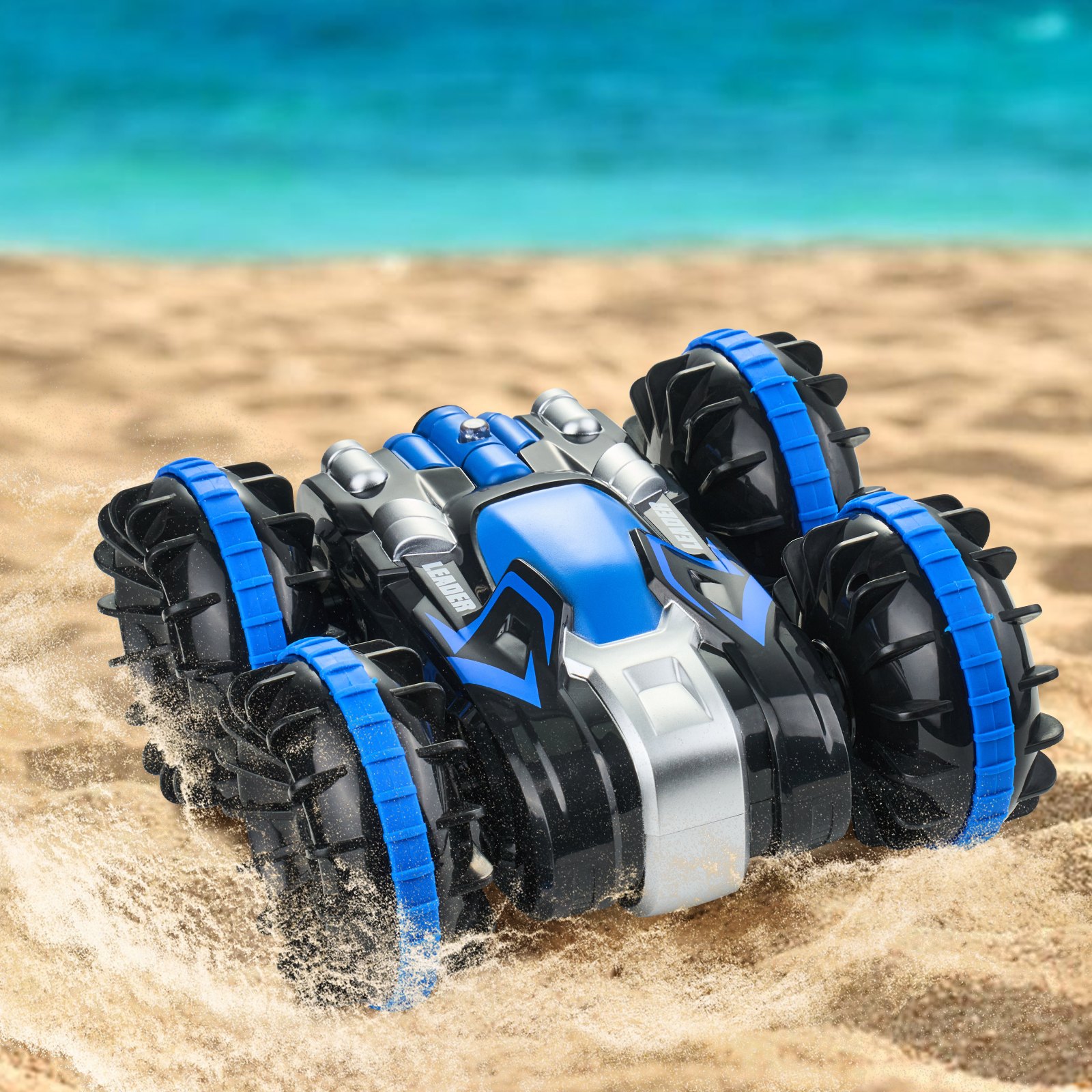 VEVOR Amfibische afstandsbediening autoboot, 2,4 GHz, 12 km/u, 4WD waterdichte RC-auto voor kinderen, 360° roterende stuntauto met 2 batterijen, terreinspeelgoed voor op het strand en in het zwembad voor jongens en meisjes vanaf 6 jaar, blauw
