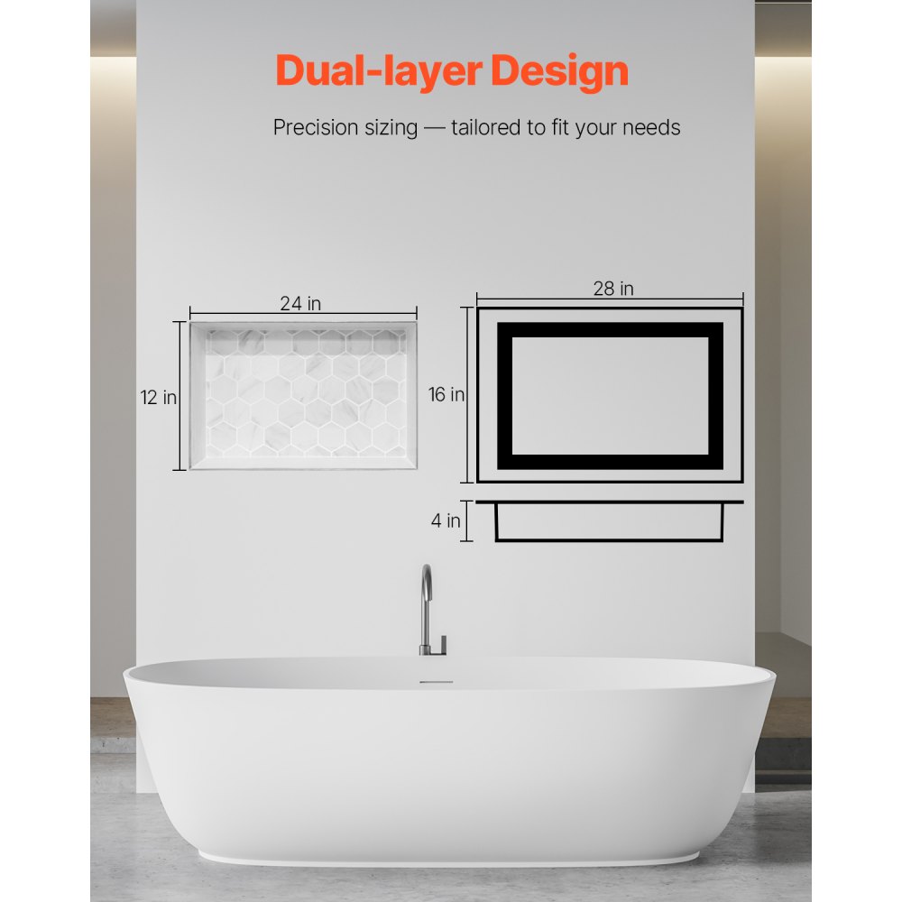 VEVOR Shower Niche, 40.6 x 71.1 x 10.2 cm Recessed Wall Niche with Movable Divider Shelf, Modern Soap & Shampoo Storage Organizer,Square Corners,Sealed Waterproof Design,Black for Bathroom