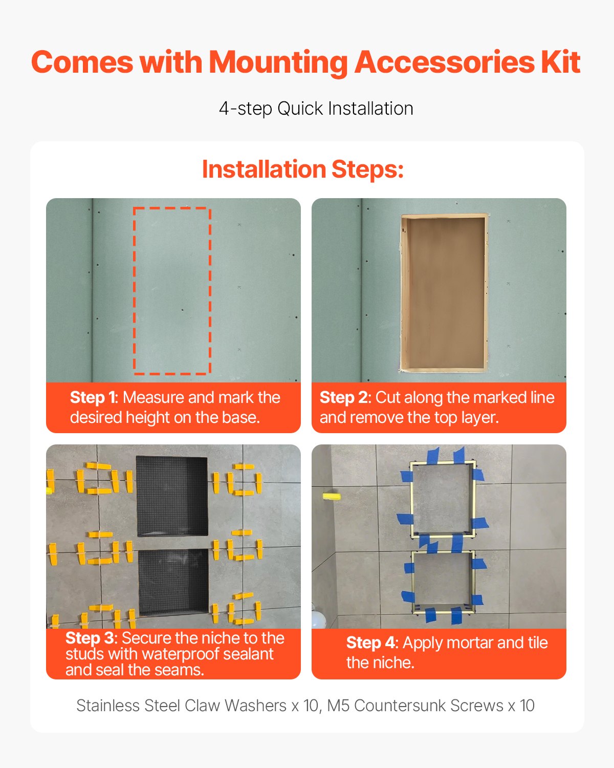 VEVOR Douchenis, 10,16 x 40,64 x 50,8 cm, Wandnis met Verplaatsbare Scheidingsplank, Zeep- & Shampoo-organizer, Rechthoekige Hoeken, Zwart voor Badkamerdouche