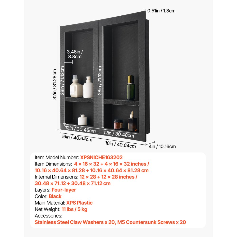 VEVOR Shower Niche, 40.6 x 81.3 cm + 40.6 x 81.3 cm Recessed Wall Niche with Movable Shelf, 10.2 cm Thick Modern Soap & Shampoo Storage Organizer,Square Corners,Sealed Waterproof, Black for Bathroom