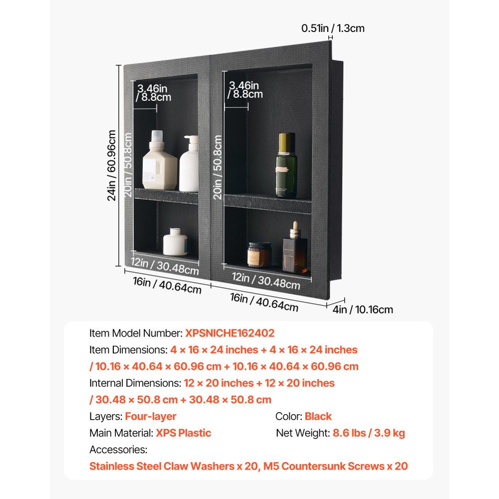 VEVOR Shower Niche, 40.6 x 61.0 cm + 40.6 x 61.0 cm Recessed Wall Niche with Movable Shelf, 10.2 cm Thick Modern Soap & Shampoo Storage Organizer,Square Corners,Sealed Waterproof, Black for Bathroom