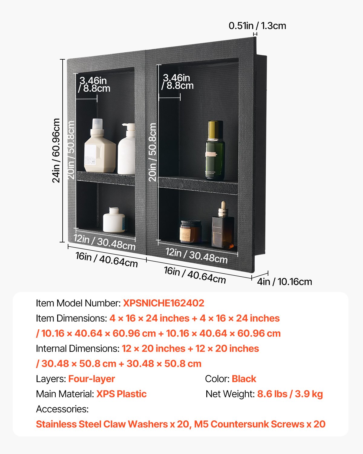 VEVOR Shower Niche, 40.6 x 61.0 cm + 40.6 x 61.0 cm Recessed Wall Niche with Movable Shelf, 10.2 cm Thick Modern Soap & Shampoo Storage Organizer,Square Corners,Sealed Waterproof, Black for Bathroom