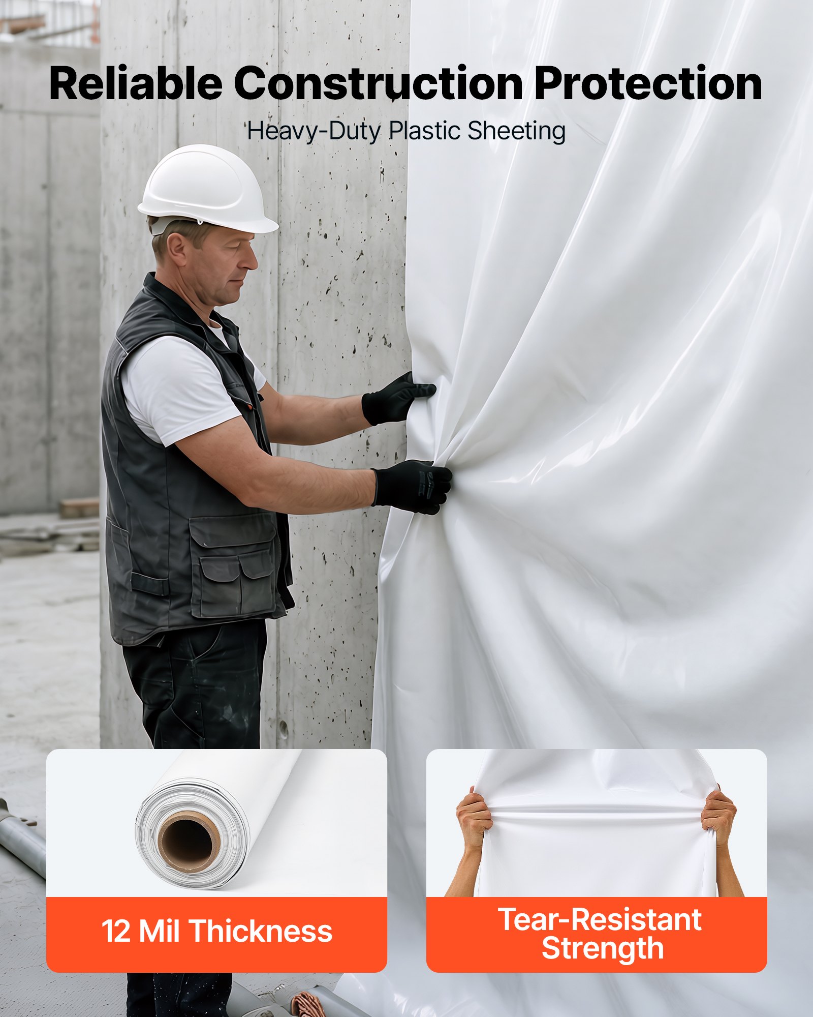 VEVOR Polyethyleenfolie 3,05 x 15,24 m Tuinfolie 0,3 mm Zwart/Wit, Plastic rol voor tuinieren, zeildoek, schildersdoek, kruipruimteafdekking, dampremmende laag, onkruidbestrijding