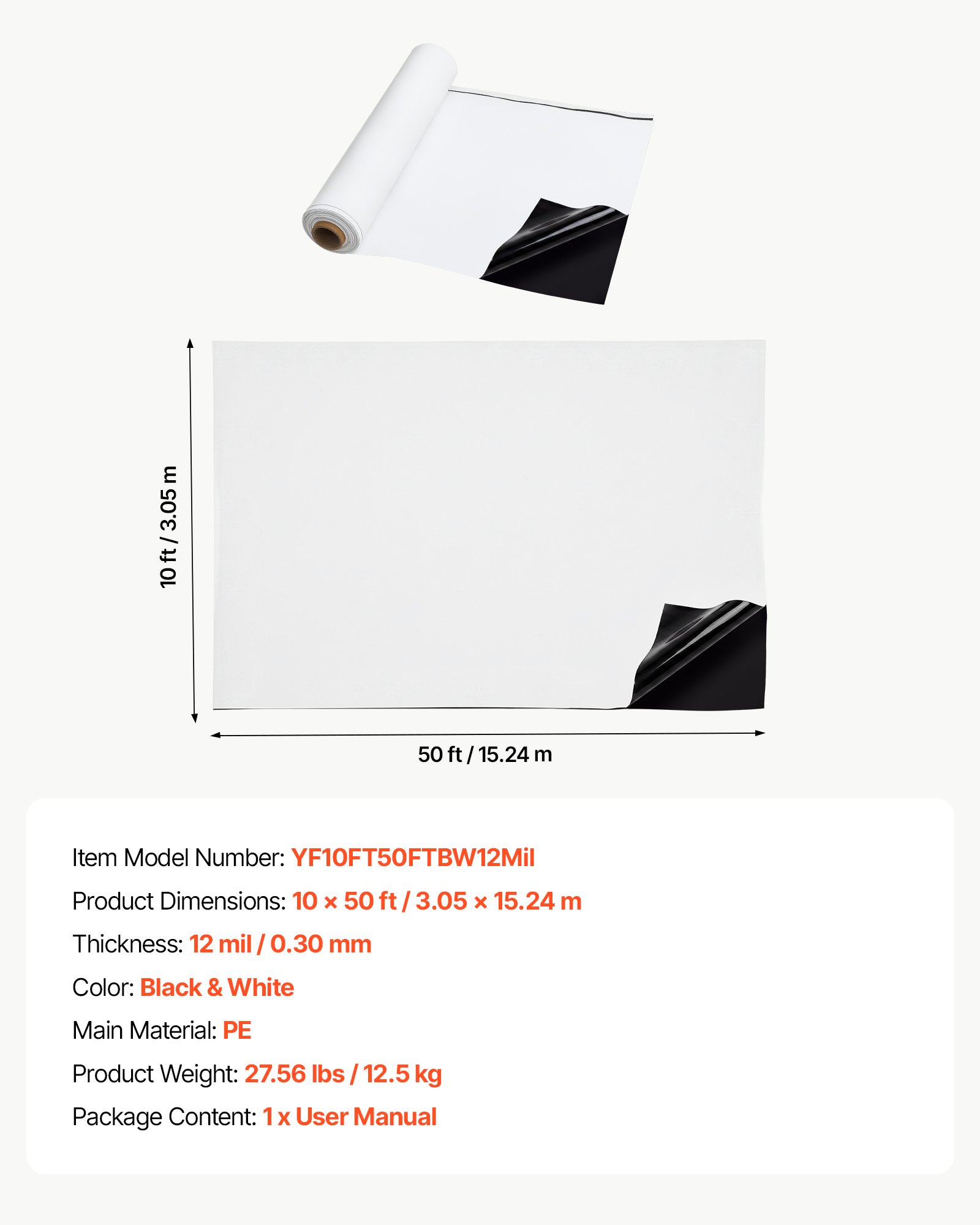 VEVOR Polyethyleenfolie 3,05 x 15,24 m Tuinfolie 0,3 mm Zwart/Wit, Plastic rol voor tuinieren, zeildoek, schildersdoek, kruipruimteafdekking, dampremmende laag, onkruidbestrijding