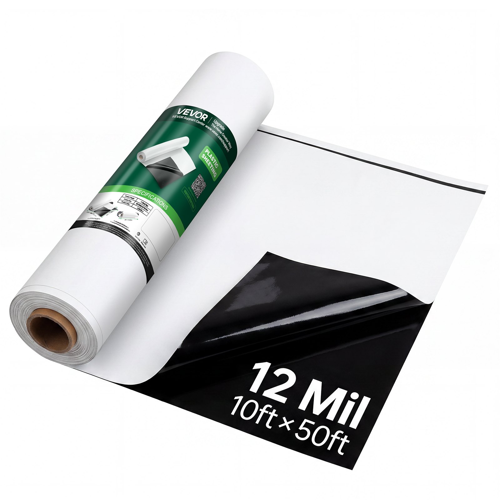 VEVOR Polyethyleenfolie 3,05 x 15,24 m Tuinfolie 0,3 mm Zwart/Wit, Plastic rol voor tuinieren, zeildoek, schildersdoek, kruipruimteafdekking, dampremmende laag, onkruidbestrijding