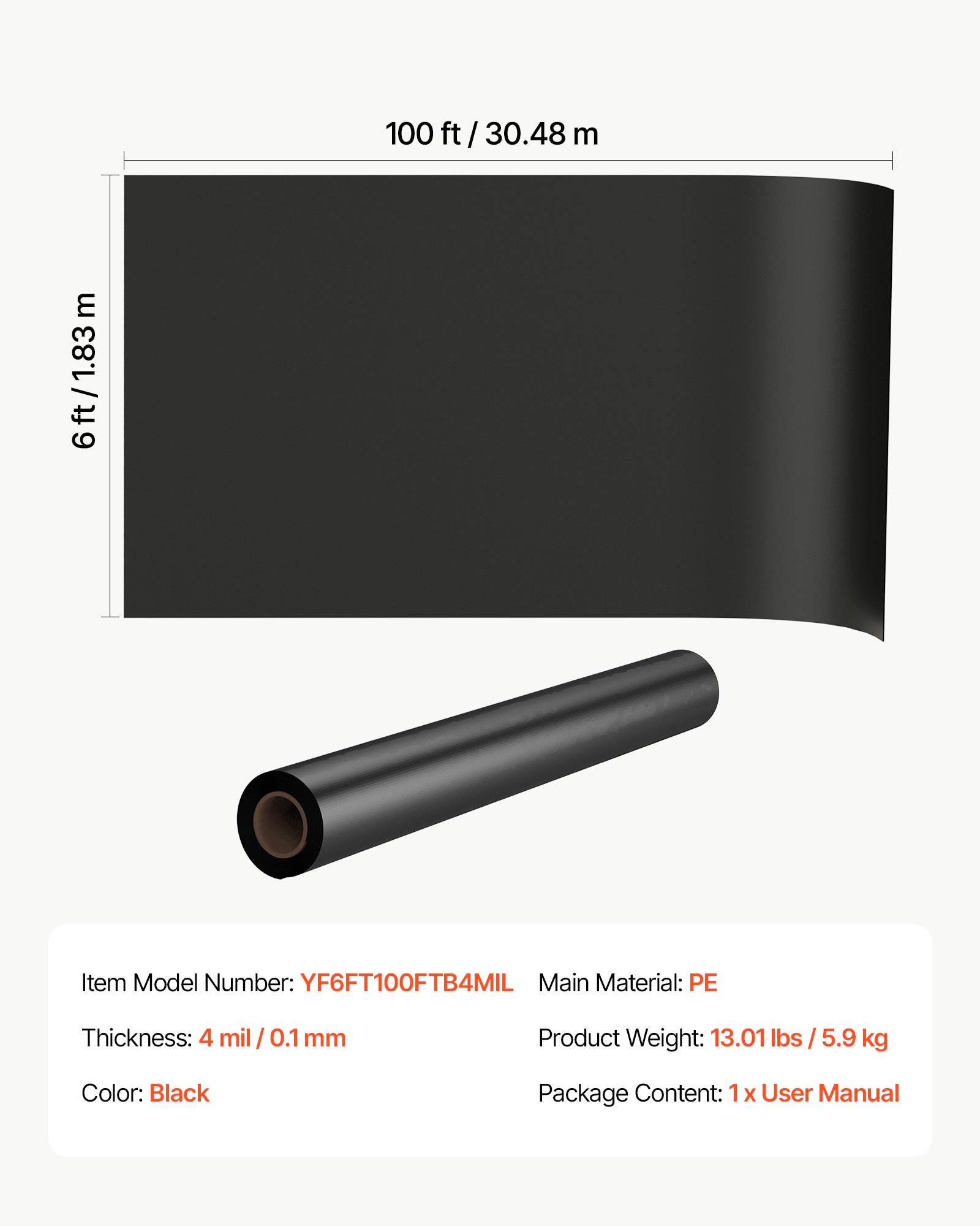 VEVOR Polyethyleenfolie 1,83 x 30,48 m Tuinfolie 0,1 mm Onkruidbestrijdingsdoek Zwart, Plastic rol voor tuinieren, zeildoek, schildersdoek, kruipruimteafdekking, dampremmende laag, onkruidbestrijding
